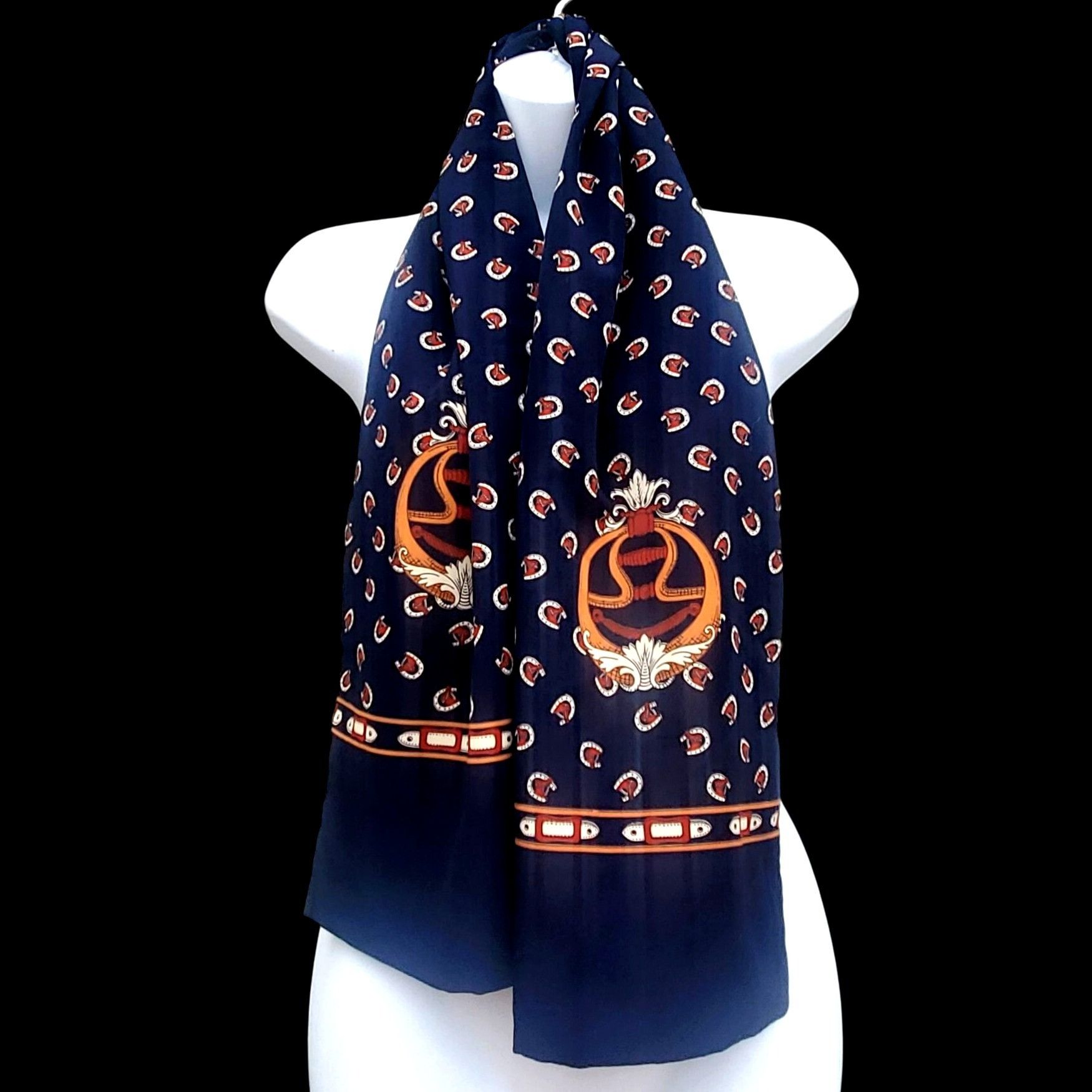 Vintage Vintage Horse Scarf Equestrian Retro Rectangular Navy Brown Size ONE SIZE - 1 Thumbnail