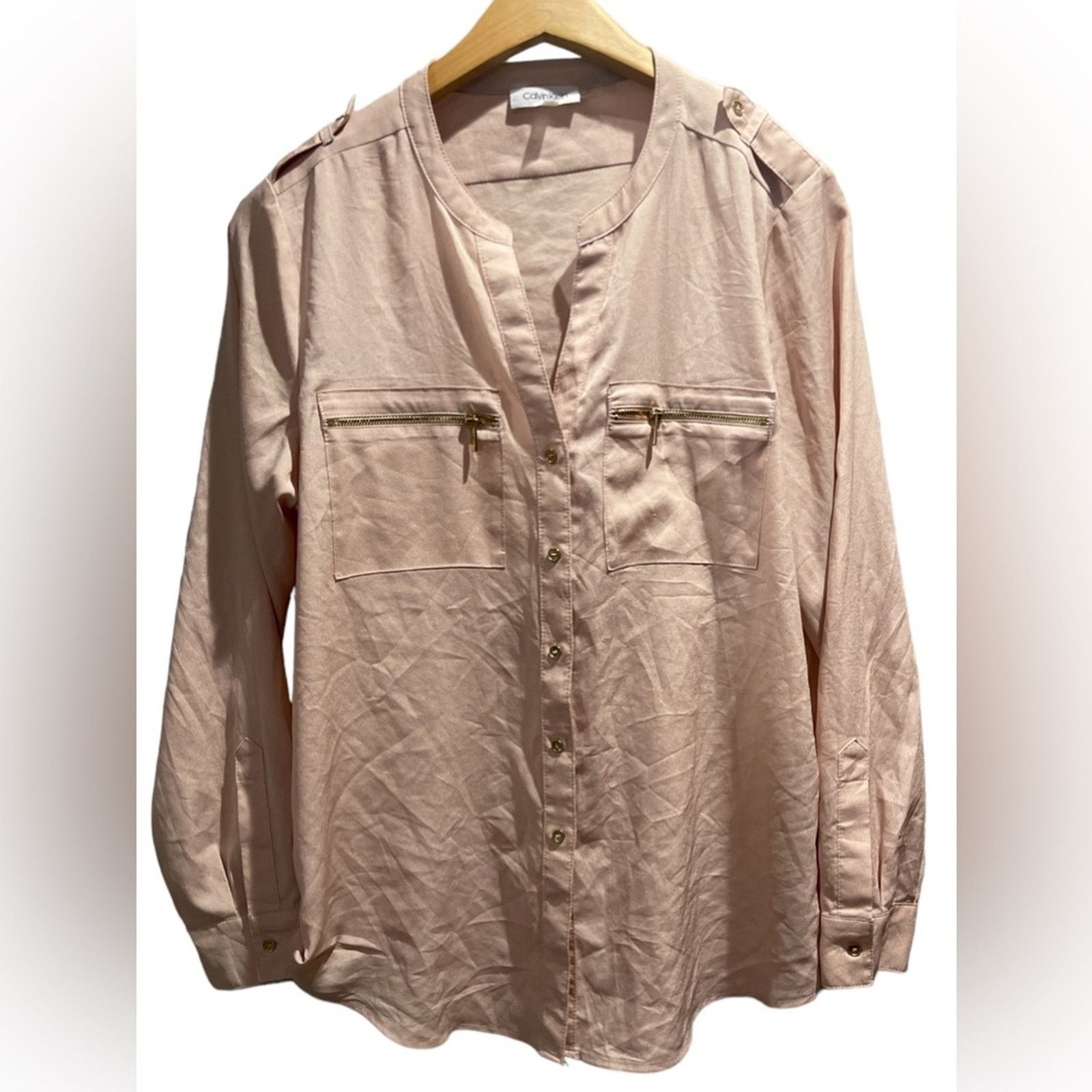 Calvin Klein CALVIN KLEIN Peach Roll-Tab Sleeve Blouse Sz L Size L / US 10 / IT 46 - 2 Thumbnail