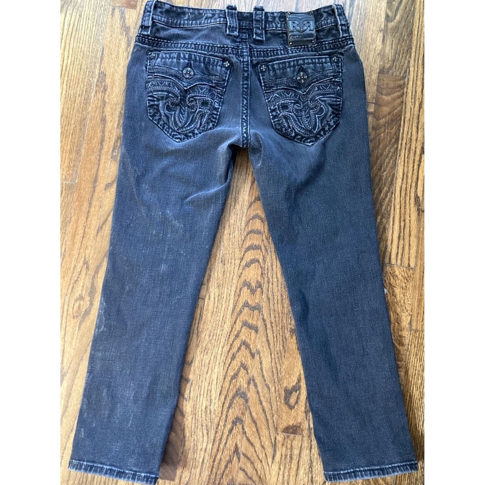 Vintage Rock Revival Jeans Slim Straight 33x27 Black Flap Pockets Mens Regular Size 33 Inseam 27 China Size US 33 - 2 Thumbnail