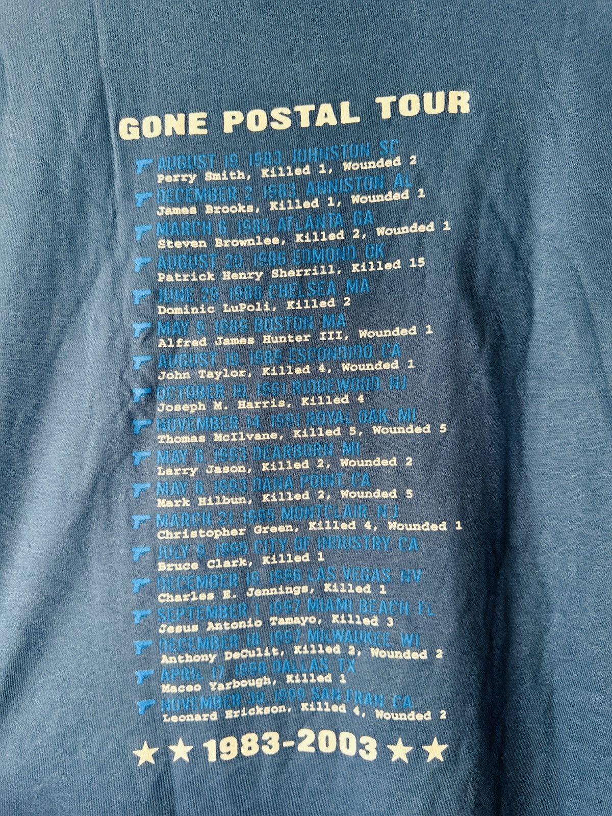 Vintage Vintage Postal Shootings Tour 1983 - 2003 T Shirt Size US L / EU 52-54 / 3 - 6 Thumbnail