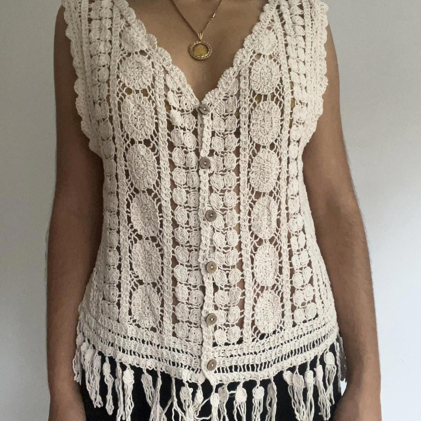 Other Cream crochet vest with fringe detail #crochet #festival Size L / US 10 / IT 46 - 1 Thumbnail