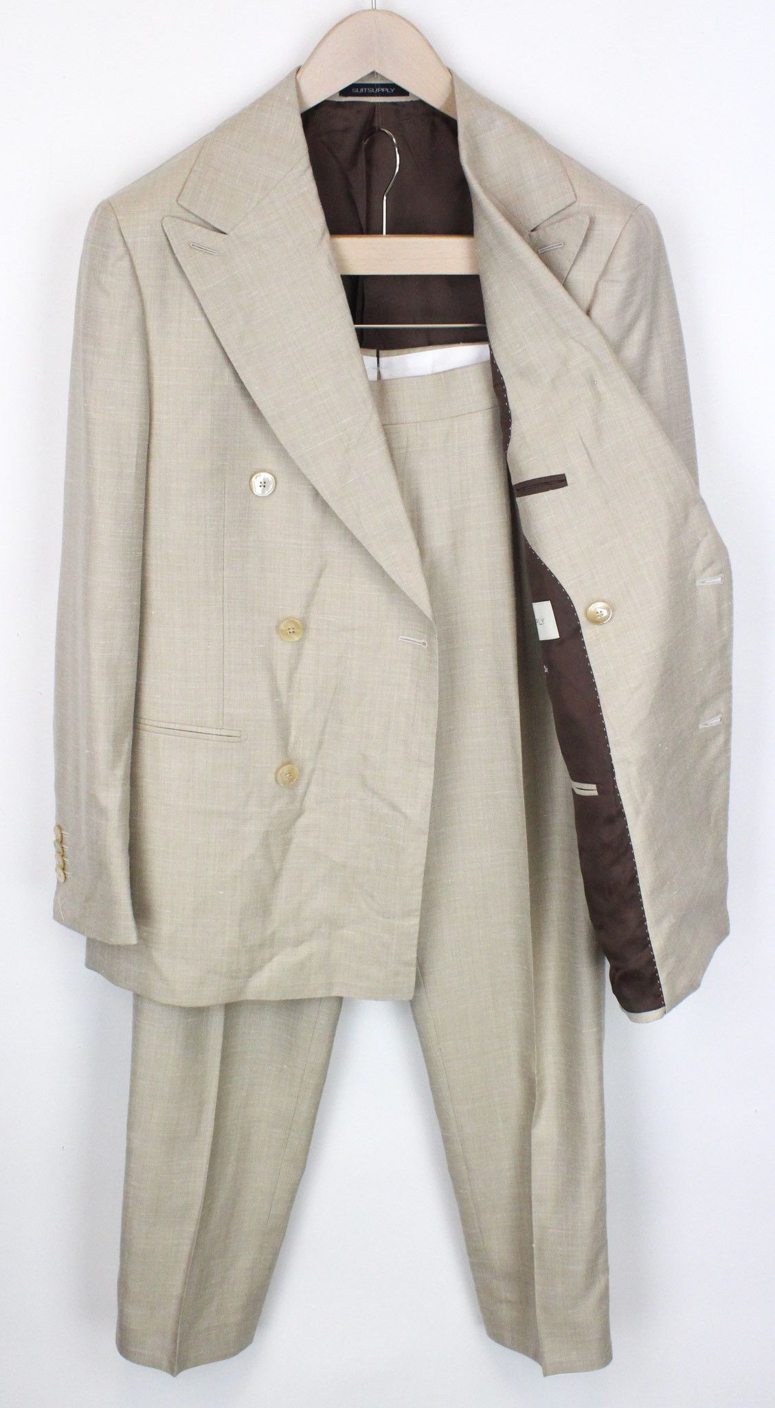 image of Suitsupply La Spalla Uk36R Twill Beige Wool Silk Linen Two-Row 71134, Men's