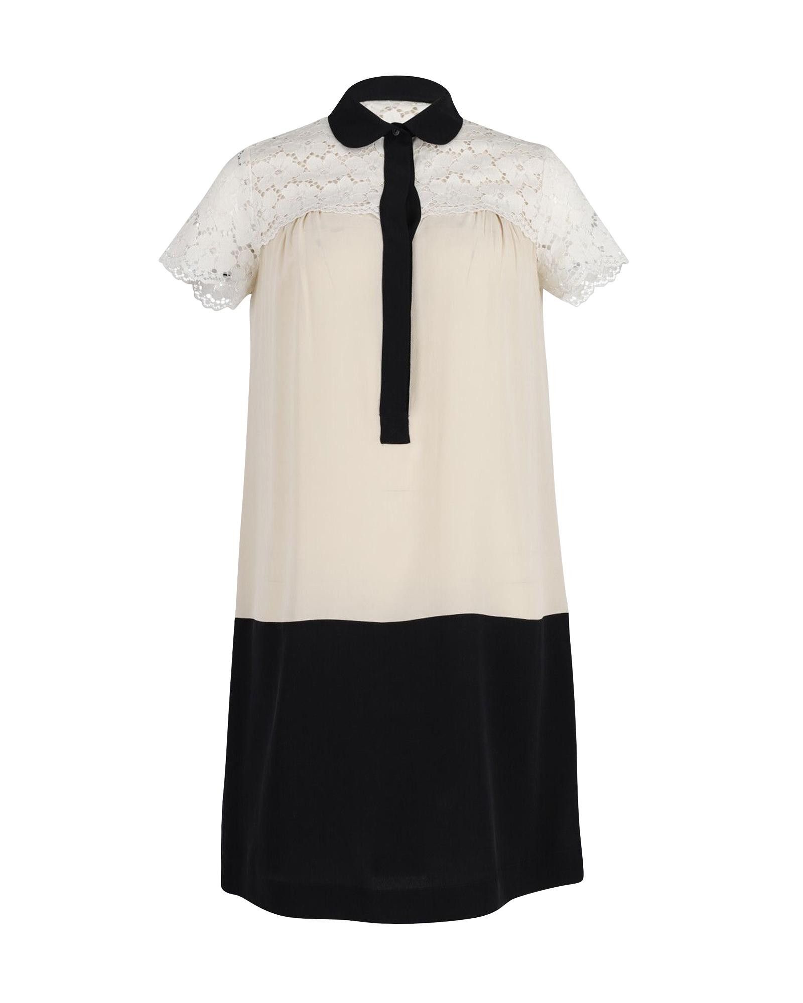 image of Max Mara Lace Panel Cream Silk Shift Dress With Ruffle Accents in White/Cream, Women's (Size XL)