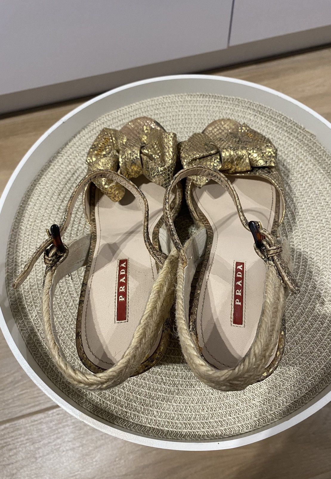 Prada Prada Bow Sandals with Ankle Strap Gold Snakeskin Leather Size US 11 / IT 41 - 14 Thumbnail