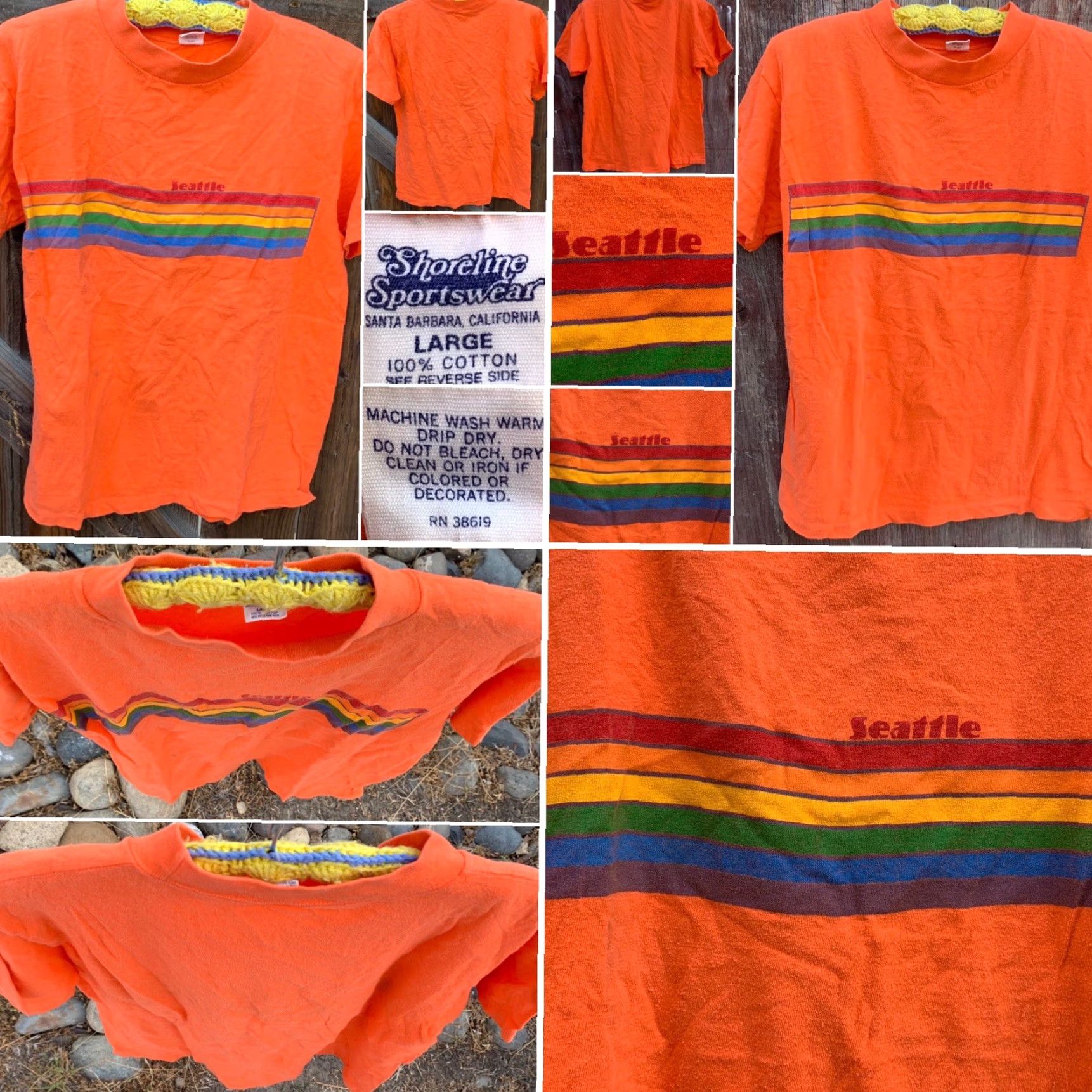 Rainbow Vintage Shoreline Sportswear t-Shirt Seattle rainbow graphics 80s 70s L Unisex Orange Cotton Graphic Tee Shirt Decade 1980s Size US L / EU 52-54 / 3 - 4 Thumbnail