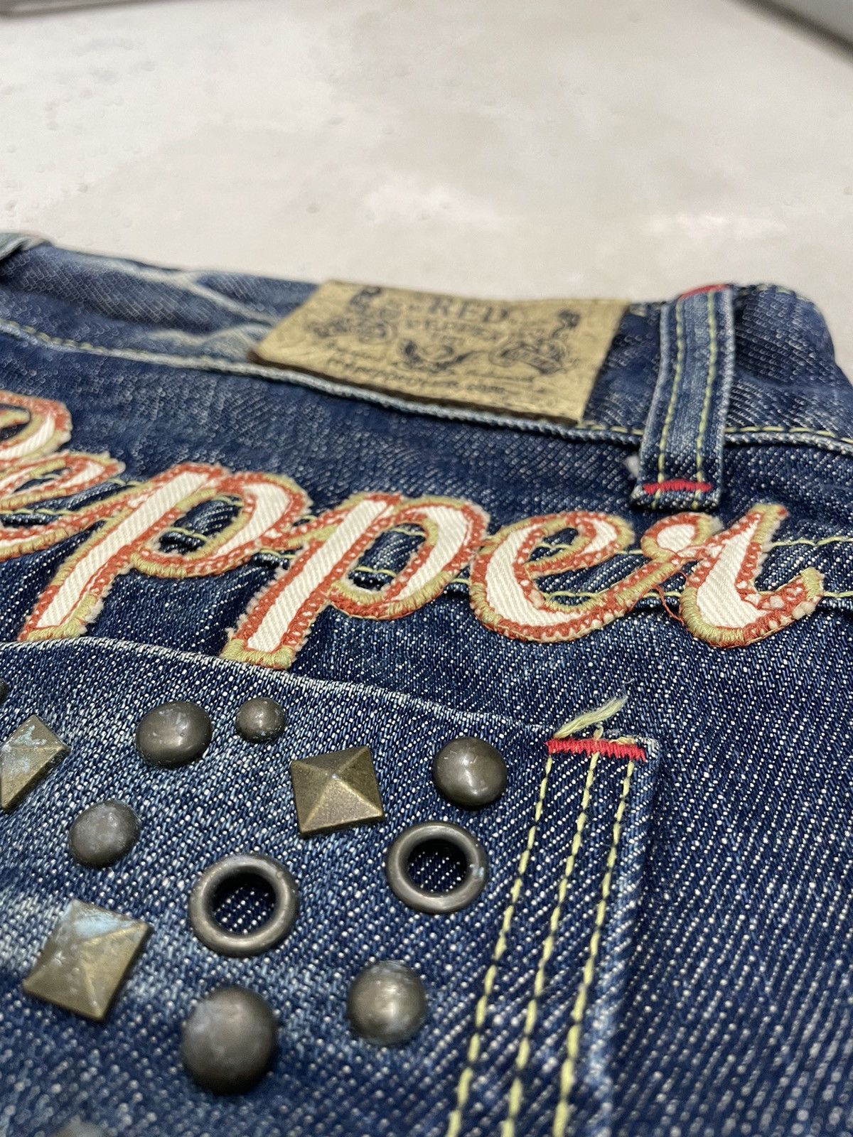 Red Pepper Heavy Stich Whisker Studded Flare Denim