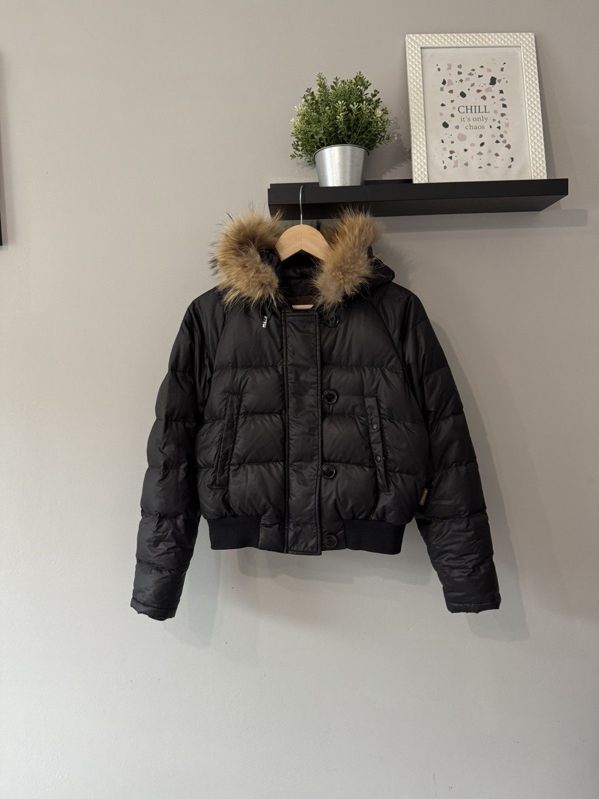 Moncler Black Down Bomber Jacket with Fur Hood