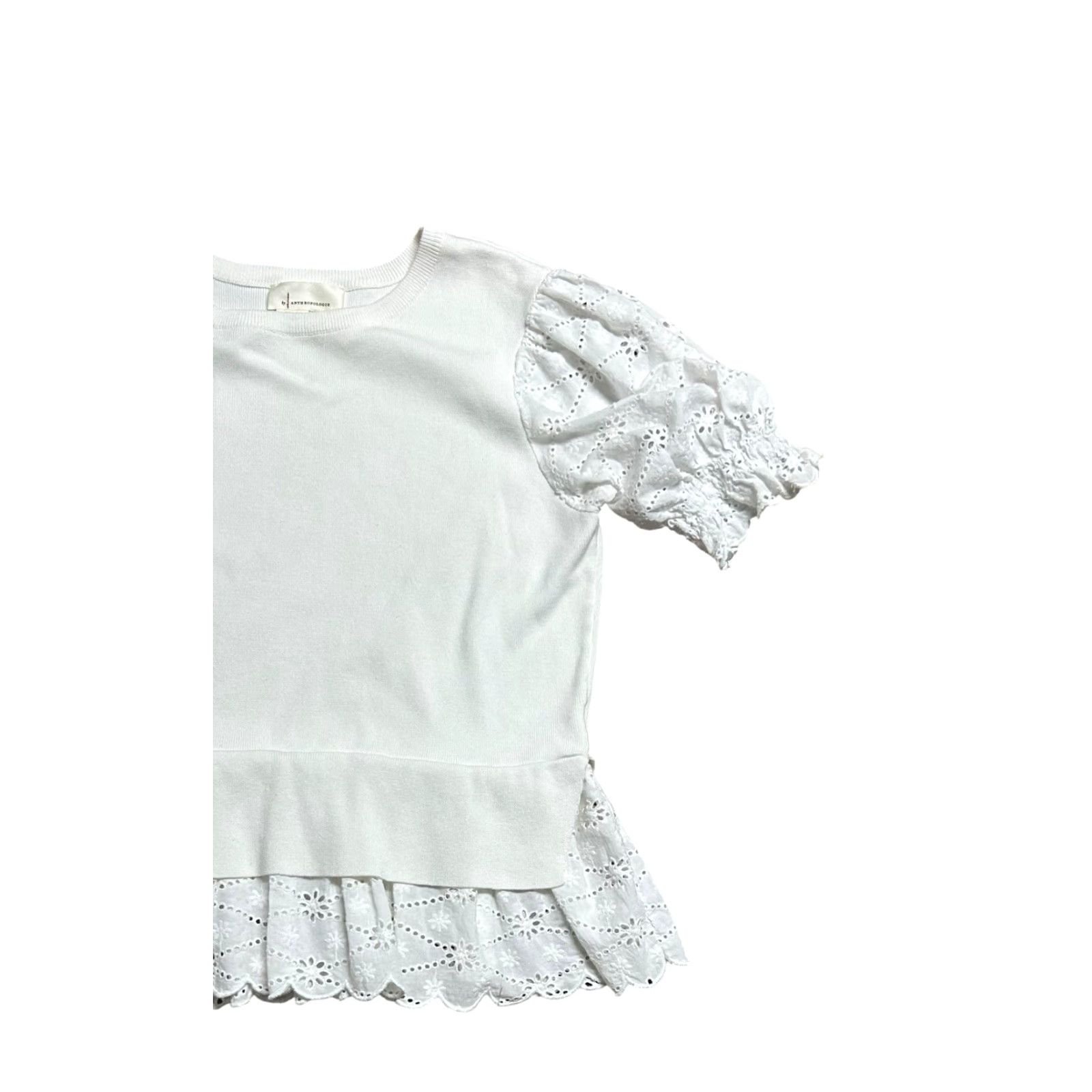 Anthropologie Anthropologie Blouse White Puff-Sleeve Eyelet Knit Sweater Tee Sz Large Women Top Size L / US 10 / IT 46 - 4 Thumbnail