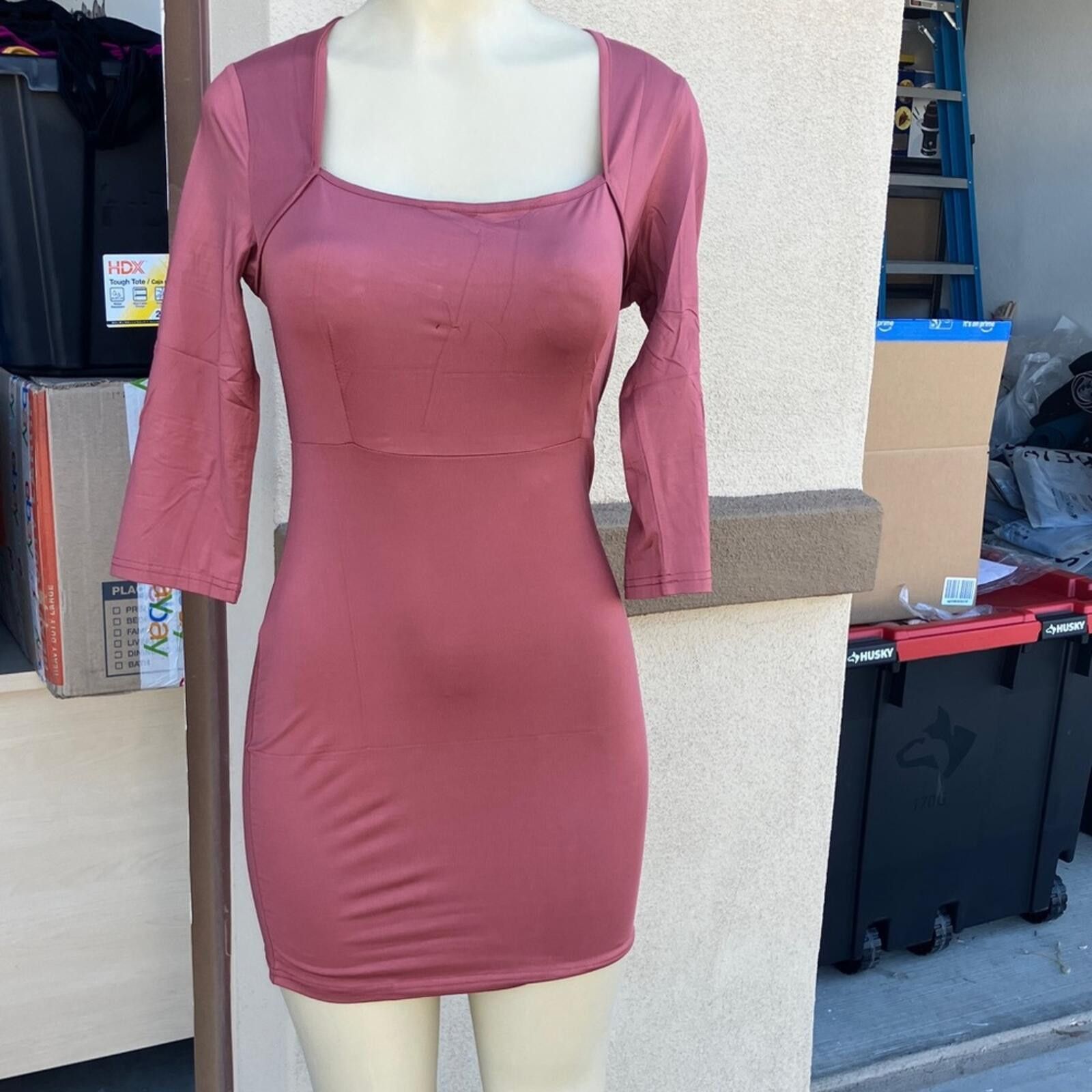 Other Square-Neck Rose Khaki Brown Bodycon Mini Dress Size S / US 4 / IT 40 - 1 Thumbnail