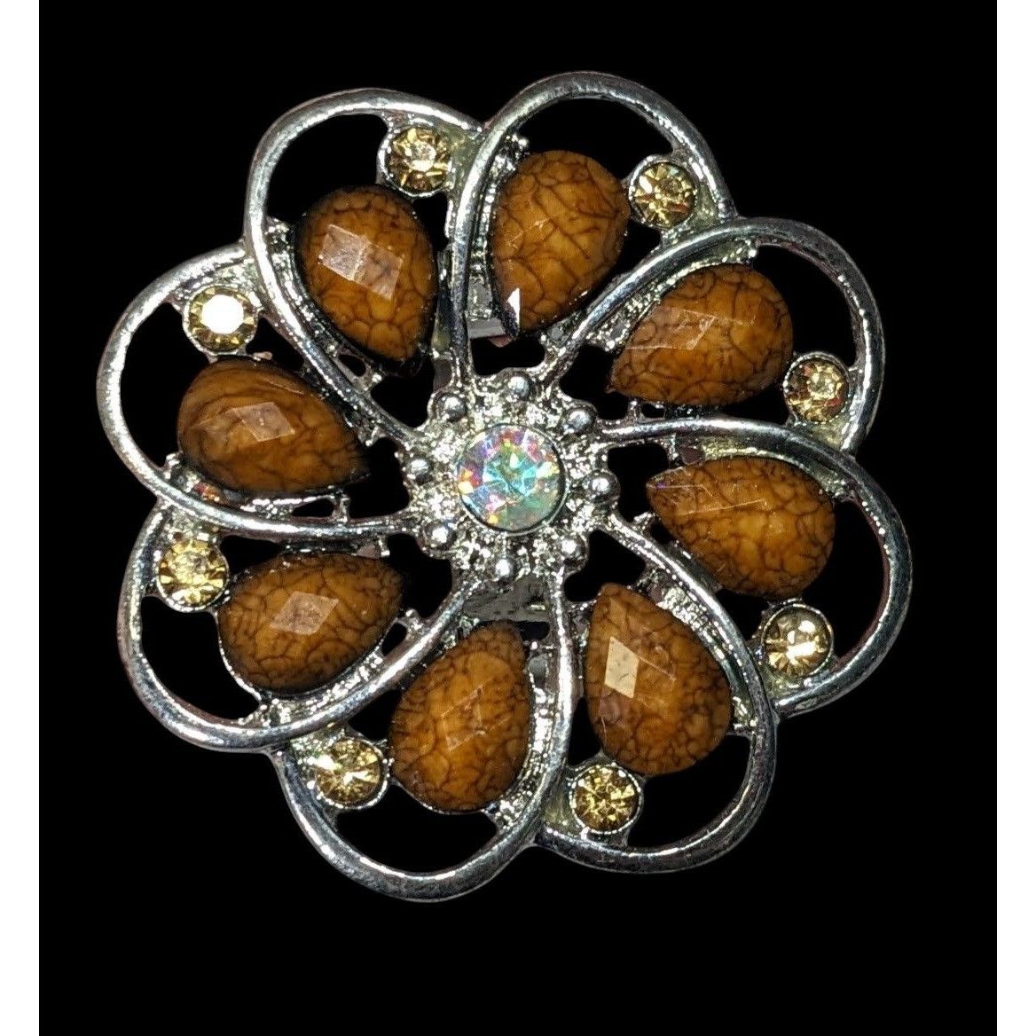 Other Fairycore Glam Brown And Silver Tone Rhinestone Flower Ring Size ONE SIZE - 1 Thumbnail