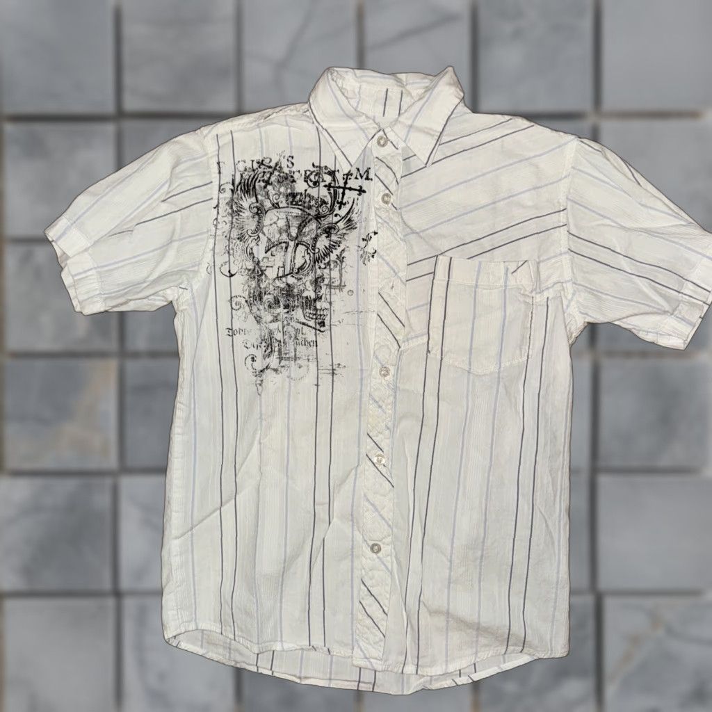 Point Zero VINTAGE Point Zero Button-Up Shirt Teens M White Gothic 16x22 Short Sleeve Cotton Button-Down Collared Mens? Womens? Size US M / EU 48-50 / 2 - 1 Thumbnail