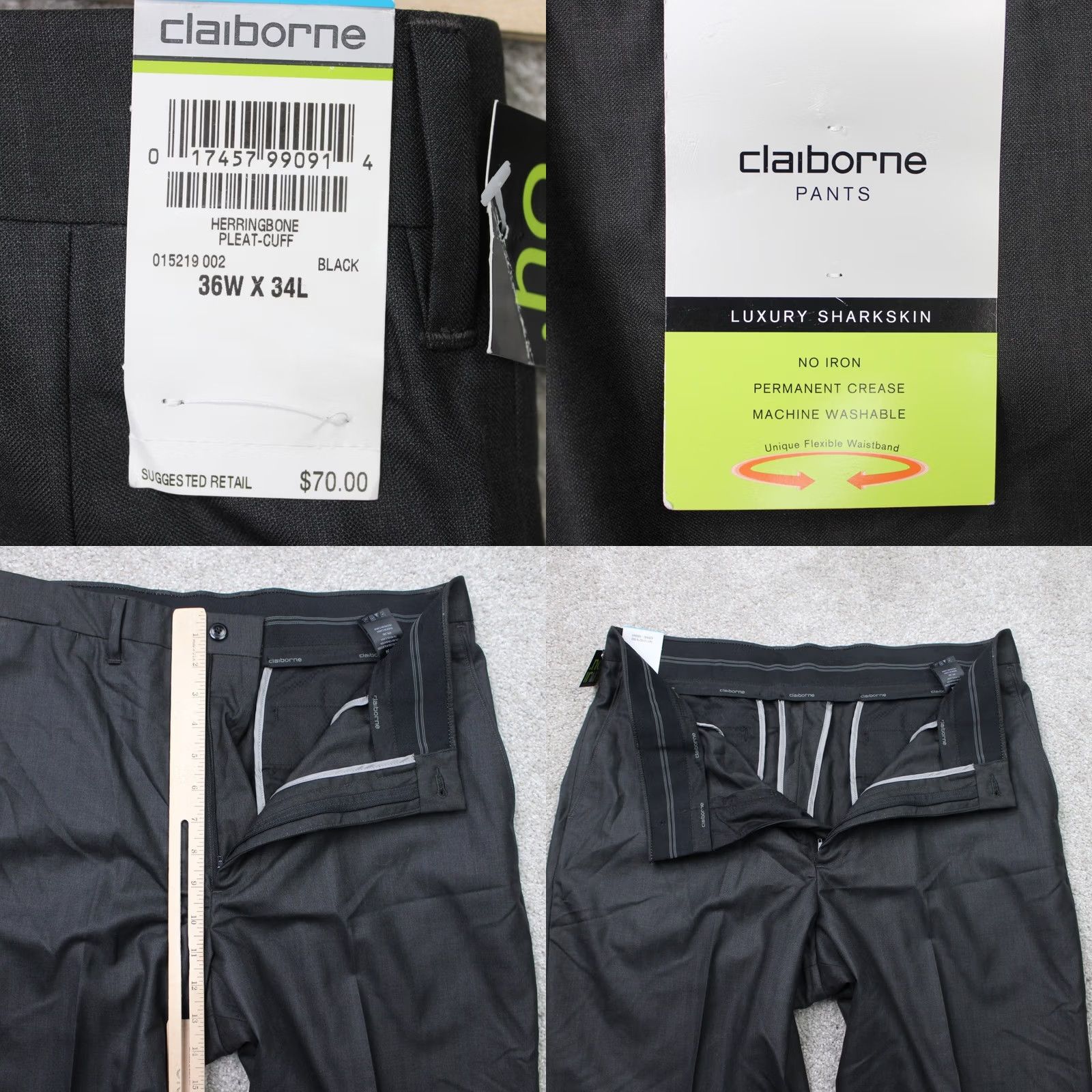 Liz Claiborne Claiborne Pants Mens 36 x 34 Black Pleated No Iron Sharkskin Dress Pants Regular Rise 10-12 In Cuffed Knit Linen Blend Wool Polyester Rayon Size US 36 / EU 52 - 8 Thumbnail