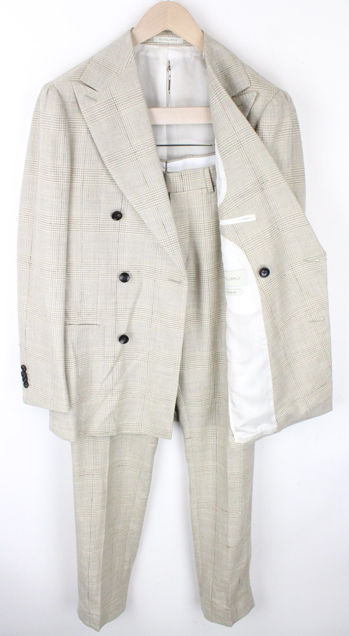 image of Suitsupply Havana Uk38R Double-Breast Slim Wool Silk Linen Beige 68604, Men's