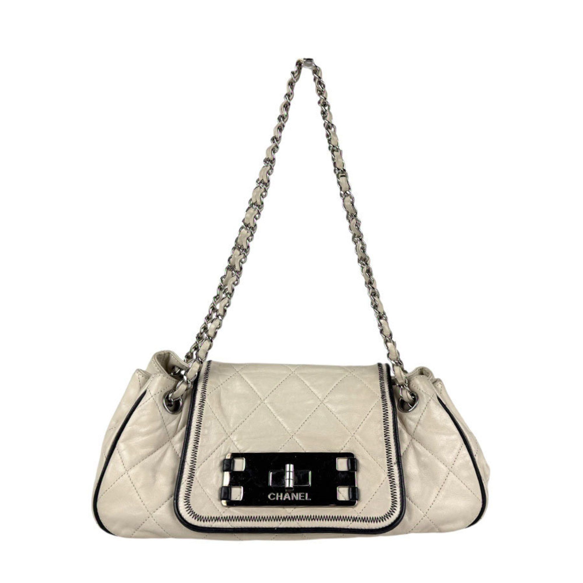 Chanel Shoulder Bag 2.55 Leather Ivory Silver Women's Z5048 in Beige