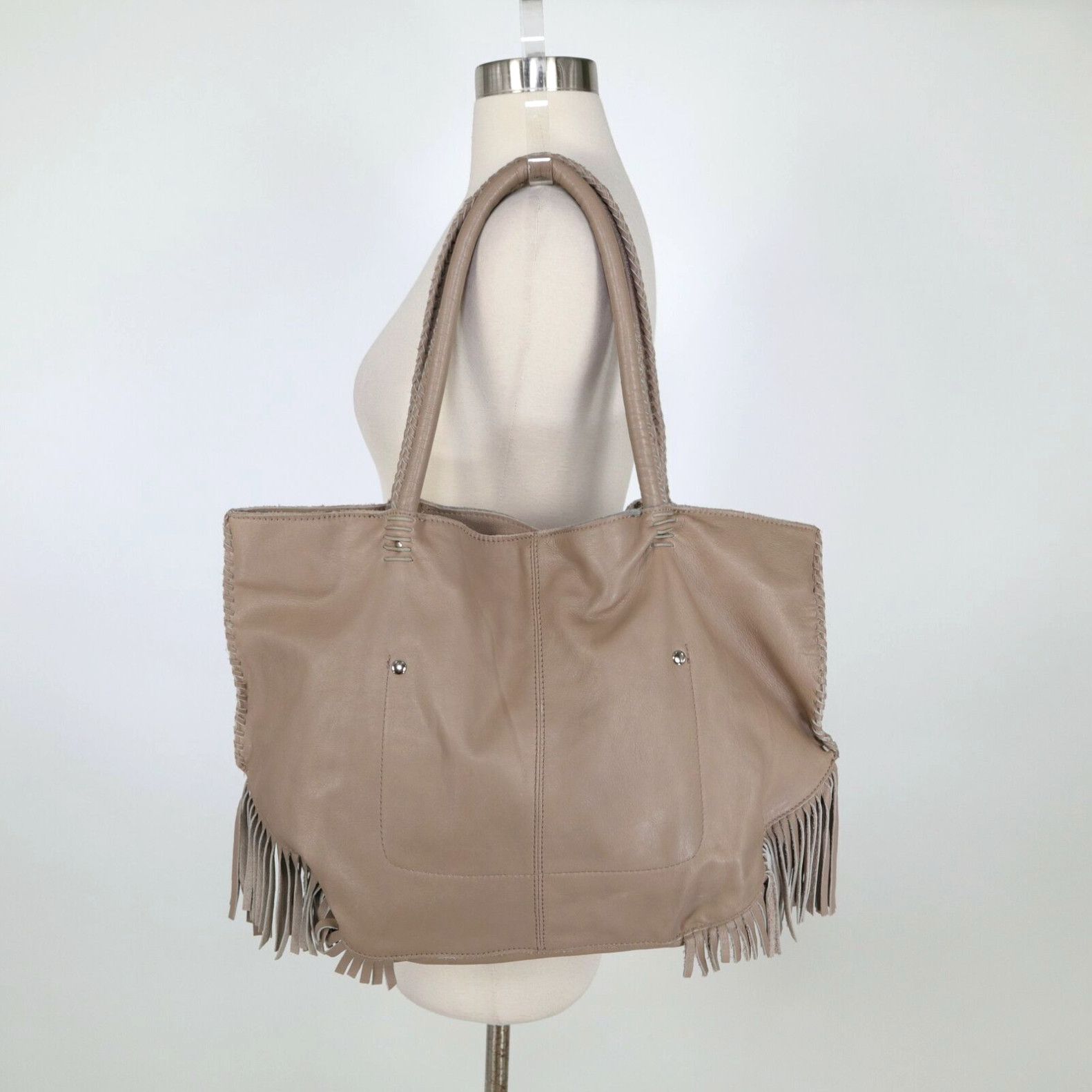image of Vintage Linea Pelle Tote Bag Purse Janis Leather Taupe Beige Braided Fringe Trim in White, Women's