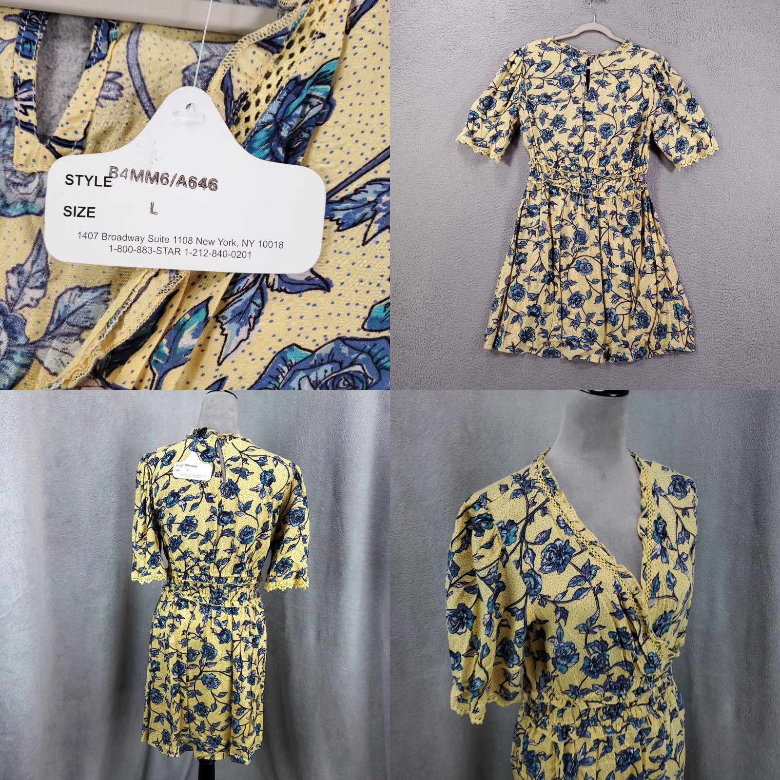 Vintage Angie Dress Womens L Yellow Floral Bohemian Rayon Short Sleeve V-Neck Mini Shift NWT Size L / US 10 / IT 46 - 8 Thumbnail