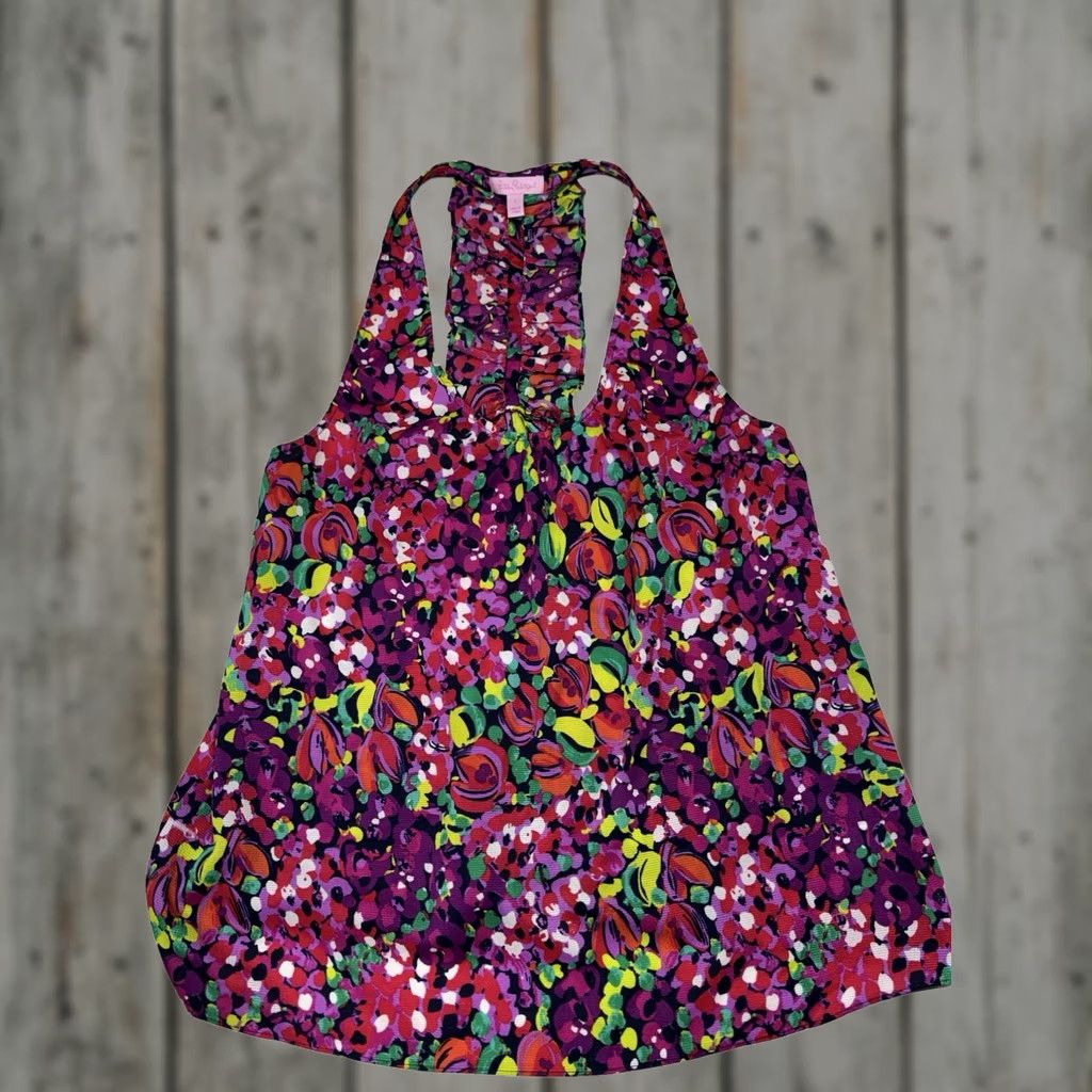 Lilly Pulitzer Lilly Pulitzer Wild Confetti Devaney Ruffled Floral Racetrack Tank Top Women’s L Pink Floral Sleeveless Racerback Scoop Neck Size L / US 10 / IT 46 - 1 Thumbnail