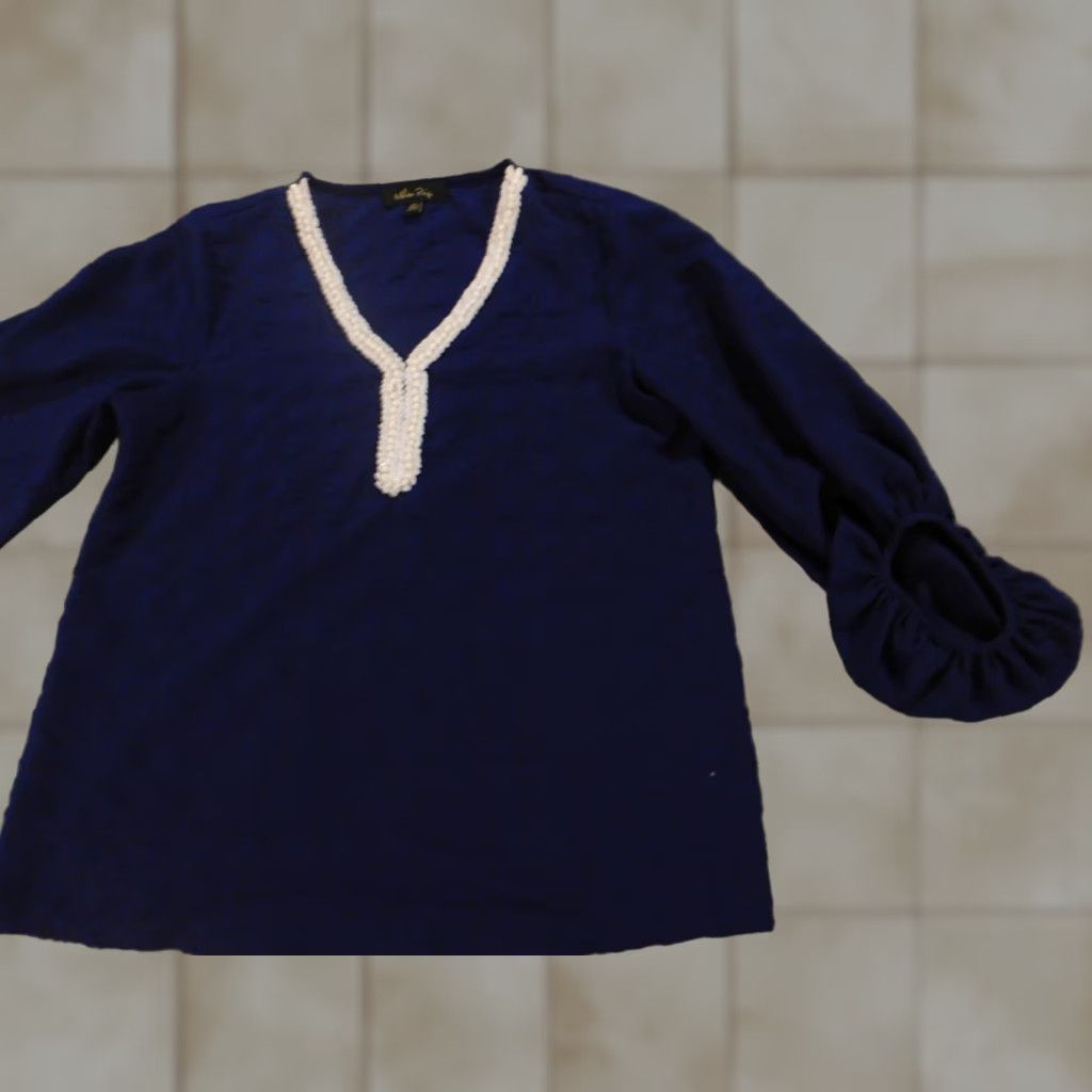 Melissa Melissa Paige Womens Blouse S Pullover Top Round Neck Cap Sleeve Blue Solid Ruffle Casual Regular Polyester Down Non-Vintage Size S / US 4 / IT 40 - 1 Thumbnail