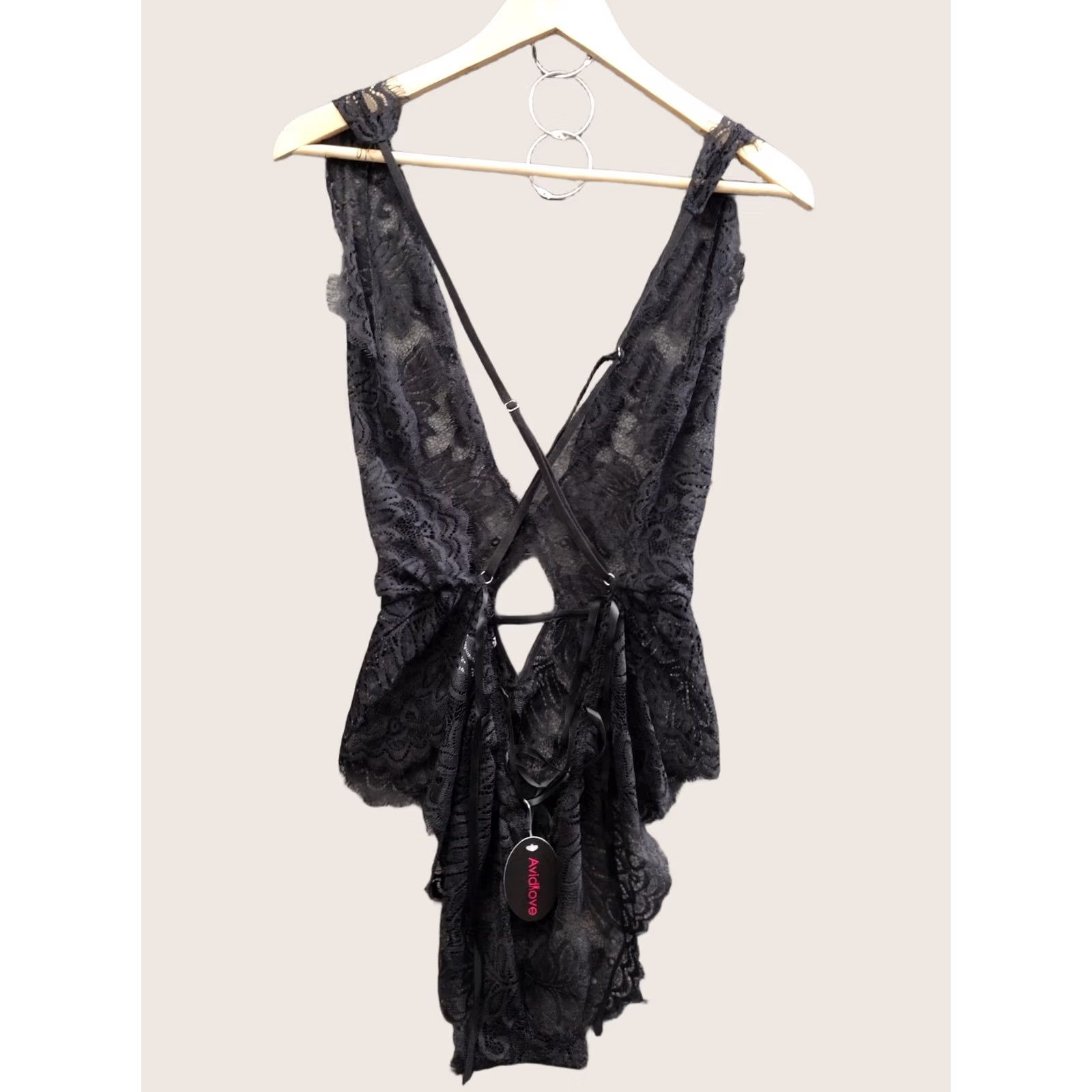 Vintage AvidLove Teddy lingerie Woman XL black lace Plunge V-Neck Cross Back One Piece Women Size XL Teddy lingerie Size ONE SIZE - 1 Thumbnail