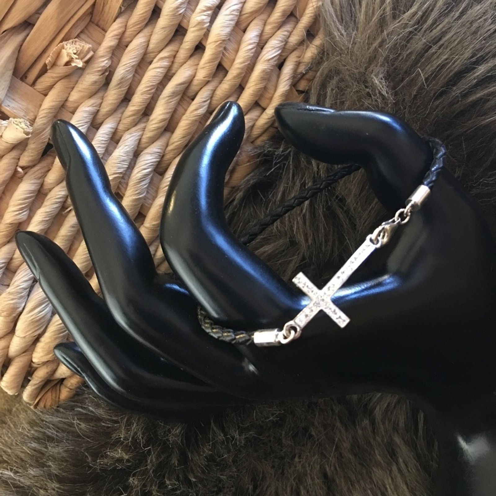 Jewelry 925 Sterling Silver Rhinestone Covered Cross Bracelet in Black, Women's