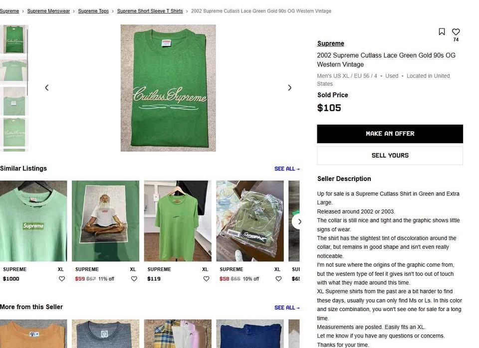 Supreme Supreme Cutlass Supreme Tee Green L ~2002 Size US L / EU 52-54 / 3 - 9 Thumbnail