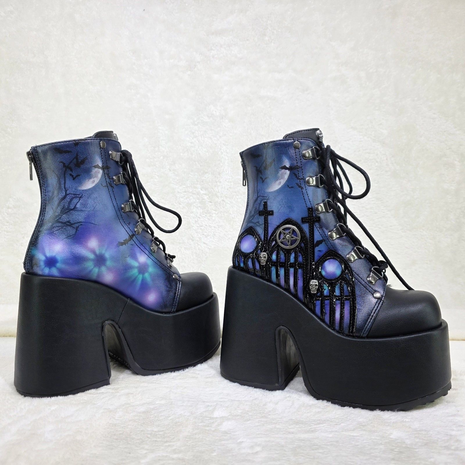 Other Camel 203 Moonlit Graveyard Print Platform Goth Ankle Boots Size US 11 / IT 41 - 2 Thumbnail