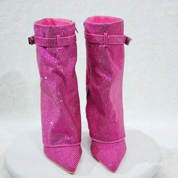Other Betty Sparkling Pink Rhinestone Skirted Fold Over Calf Boots Size US 6 / IT 36 - 6 Thumbnail