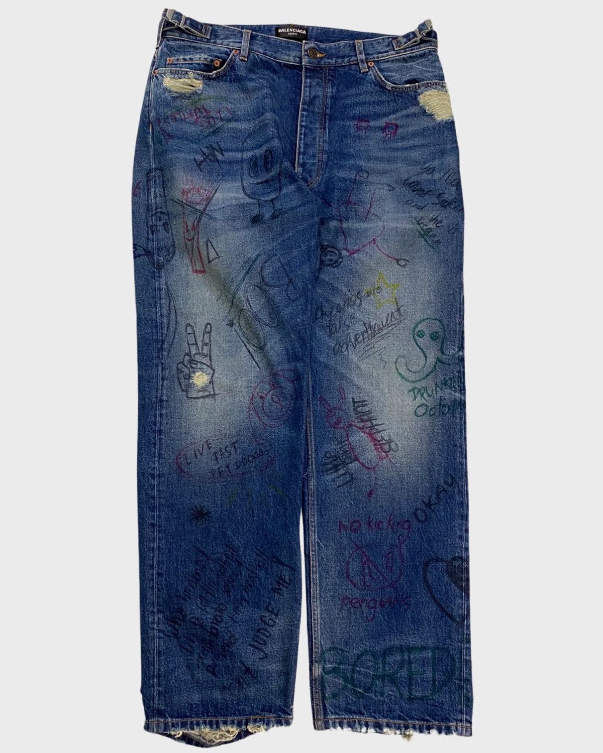 Balenciaga BALENCIAGA AW22 SCRIBBLED BAGGY JEANS IN DARK BLUE SZ:M | Grailed