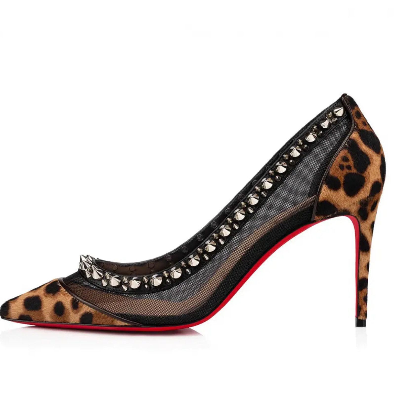 Christian Louboutin Galativi Spikes 85 Black Leopard Mesh Pointed Heel Pump 37 Size US 7 / IT 37 - 3 Thumbnail