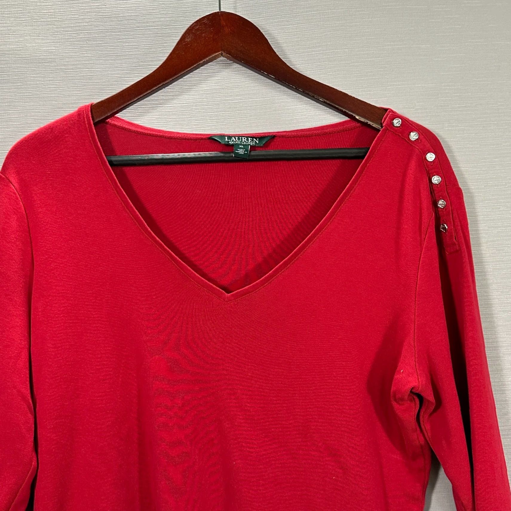 Ralph Lauren Lauren Ralph Lauren Top Women XL Red Cotton Knit Long Sleeve Button Shoulder Tee Size XL / US 12-14 / IT 48-50 - 2 Thumbnail