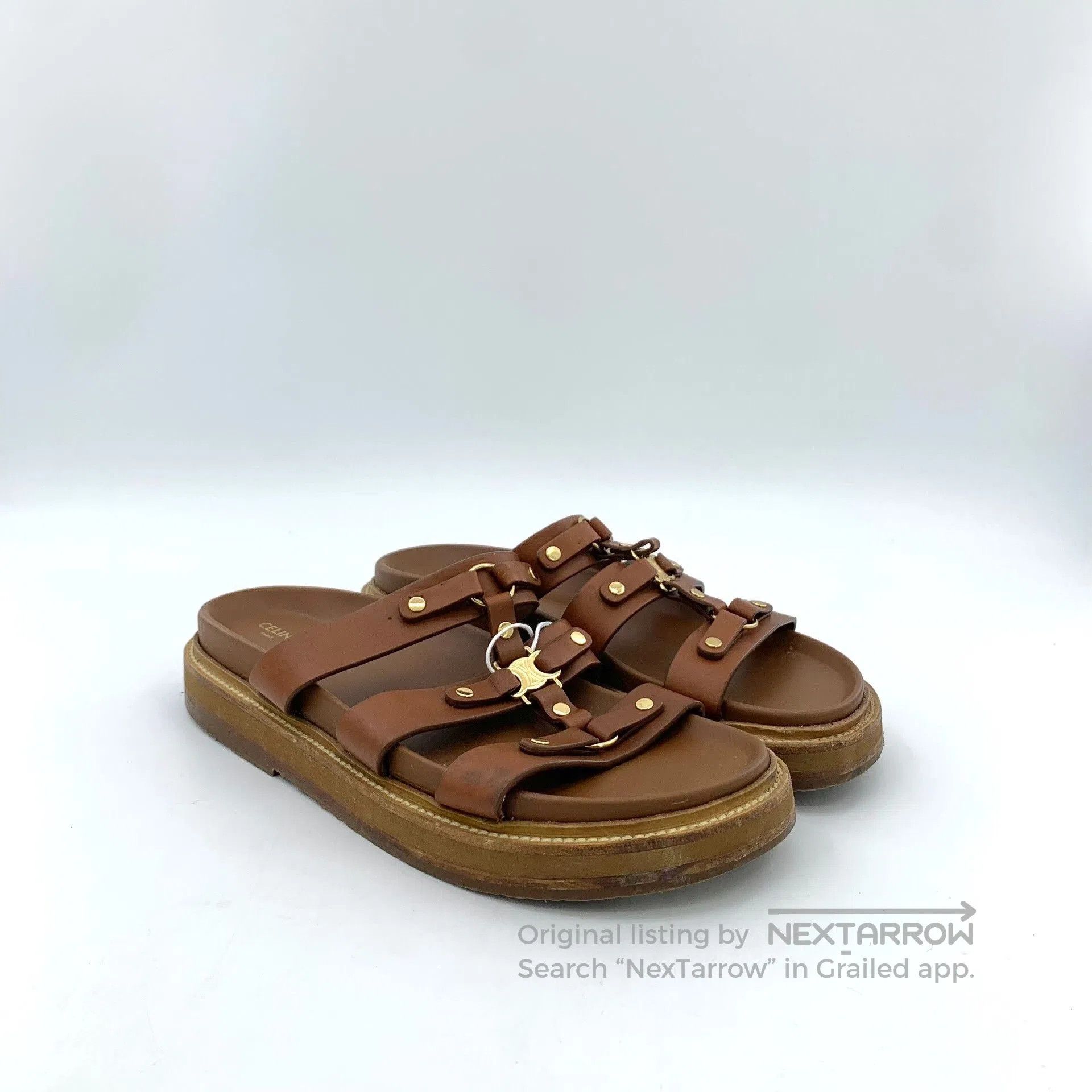 Celine Celine Brown Leather Triomphe Buckle Flat Sandals. Size US 8 / IT 38 - 2 Thumbnail