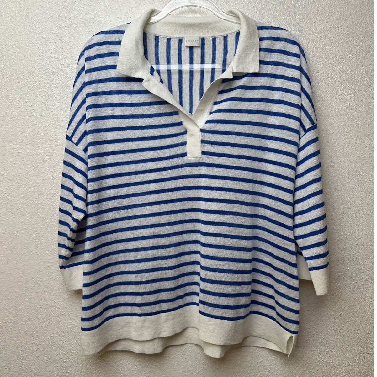Other Poetry Ivory Blue Stripe Collared V-Neck Boxy Sweater US 12 Size XL / US 12-14 / IT 48-50 - 3 Thumbnail