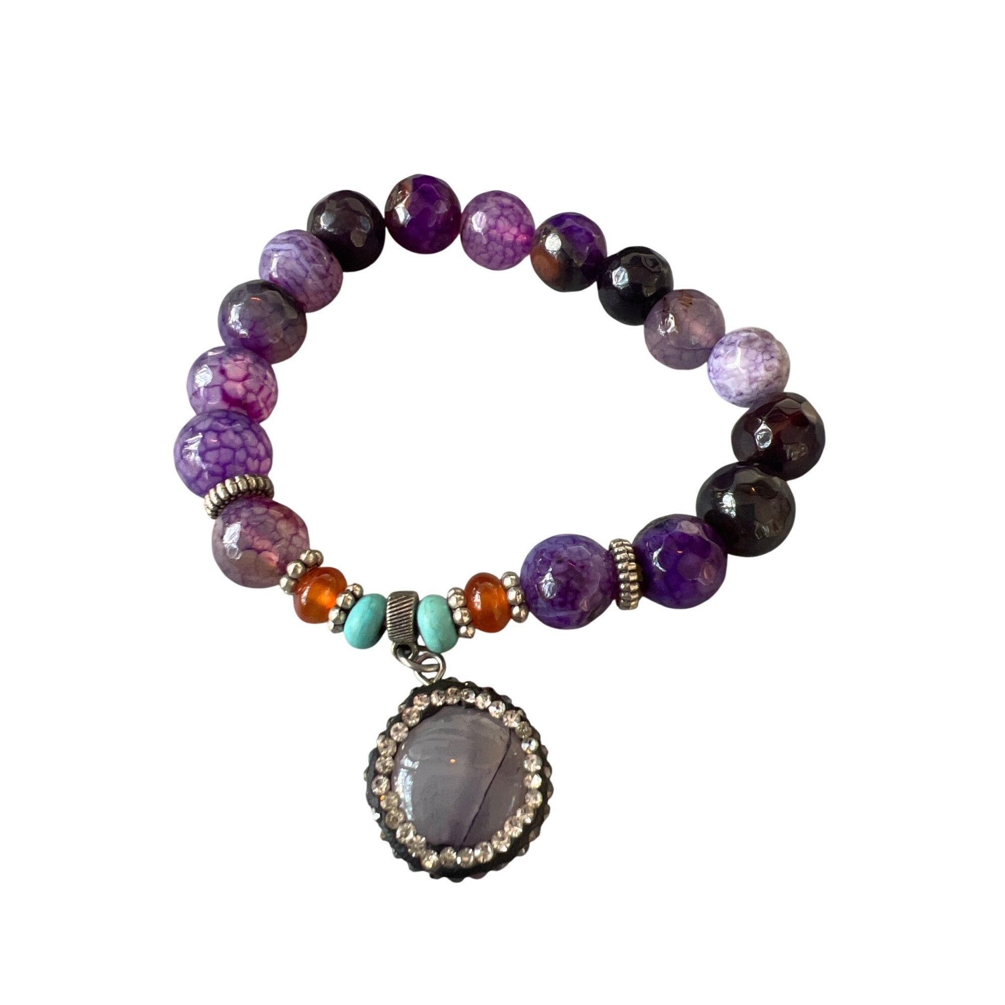 Other Amethyst Beaded Stretch Bracelet Silver Tone Dangle Rhinesto Size ONE SIZE - 4 Thumbnail