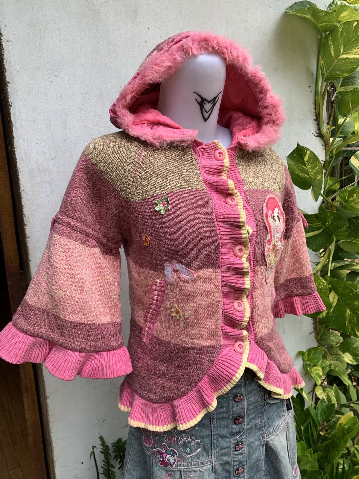 Japanese Brand × Vintage y2k Love Valen Embroidery Flared Fux Button up Baby Jacket Size S / US 4 / IT 40 - 2 Thumbnail