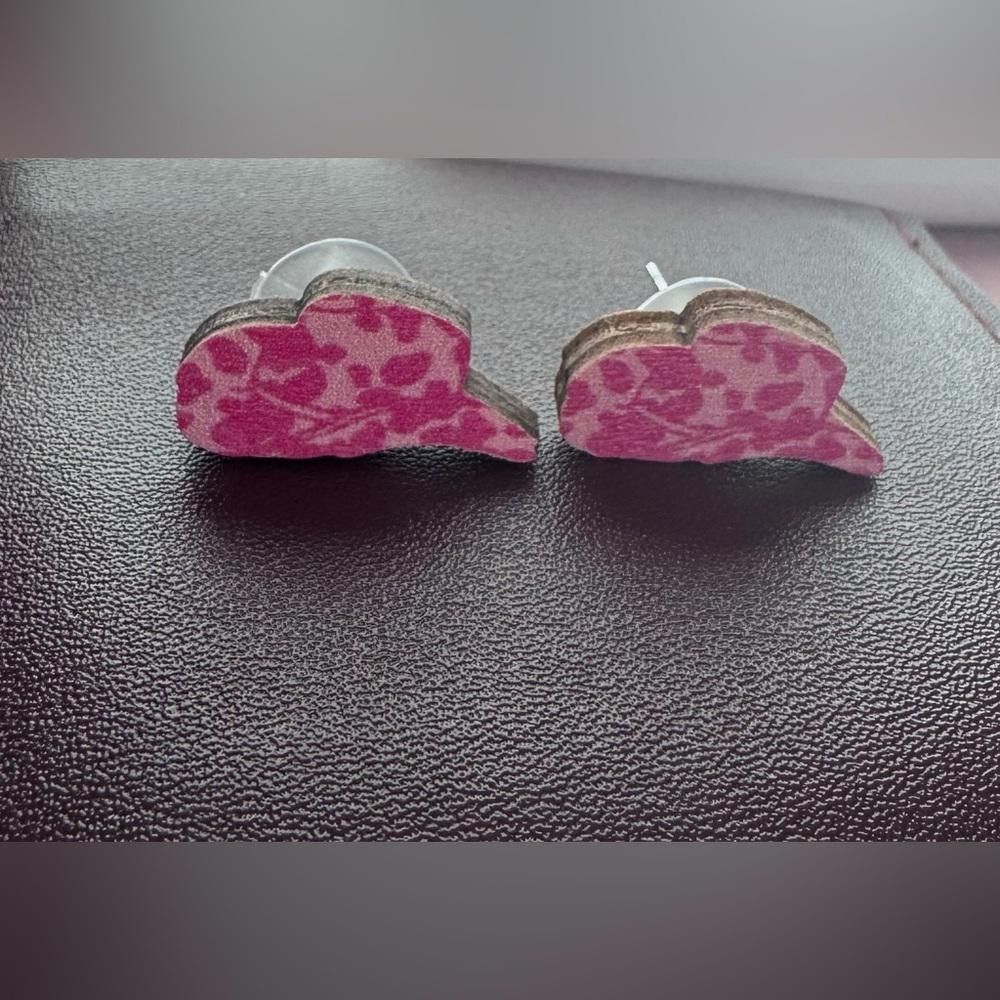 Designer Pink cowboy hat earrings cheetah print Size ONE SIZE - 3 Thumbnail