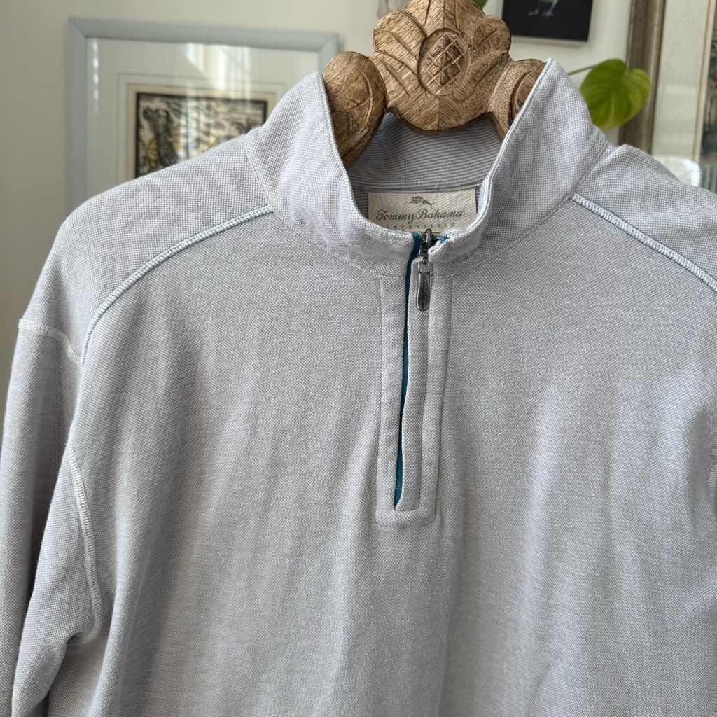 Tommy Bahama Tommy Bahama 1/4 Zip Pullover Light Grey Pique Cotton Shirt Size US XL / EU 56 / 4 - 1 Thumbnail