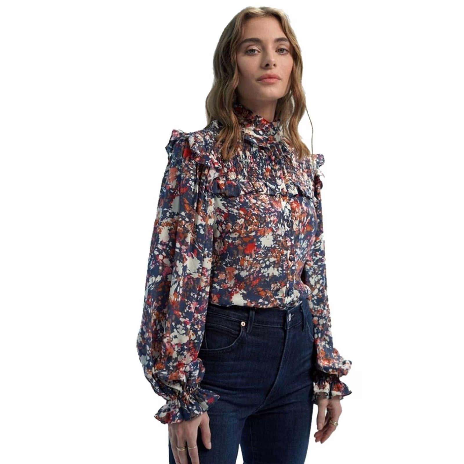 Vintage Gilner Farrar Blouse Womens M Riley Ruffle Top Navy Splatter Paint Print Women New Size M / US 6-8 / IT 42-44 - 2 Thumbnail
