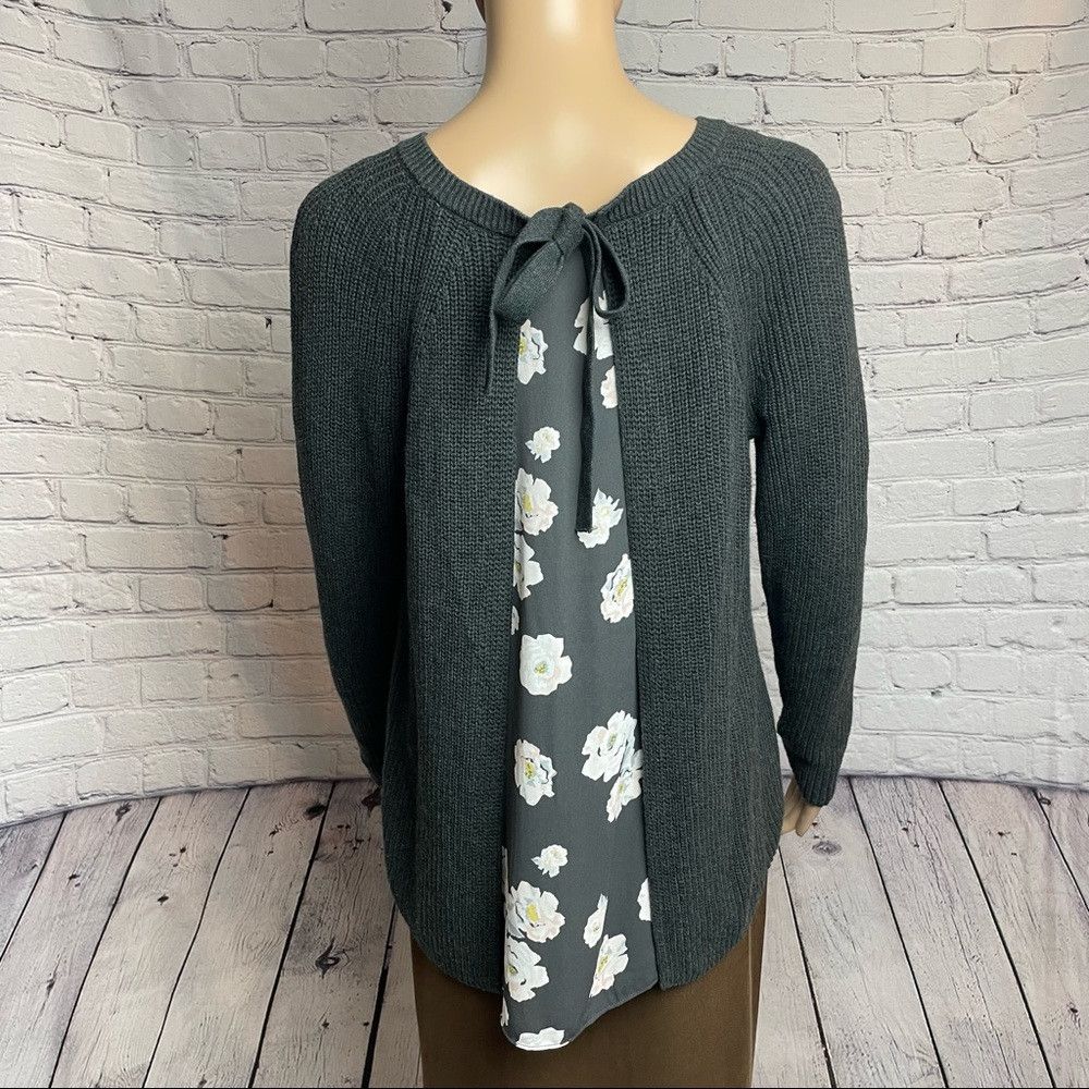 Loft New LOFT Floral Chiffon Tie Back Ribbed Cotton Gray Sweater Size M / US 6-8 / IT 42-44 - 4 Thumbnail