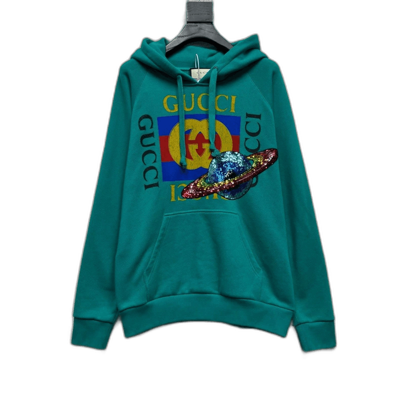 Gucci Gucci Sequin Planet Print Logo Lake Green Hoodie-2508 Size US S / EU 44-46 / 1 - 1 Thumbnail