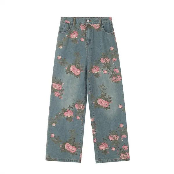 VIBE Men's loose wide-leg rose print jeans Size US 32 / EU 48 - 1 Thumbnail