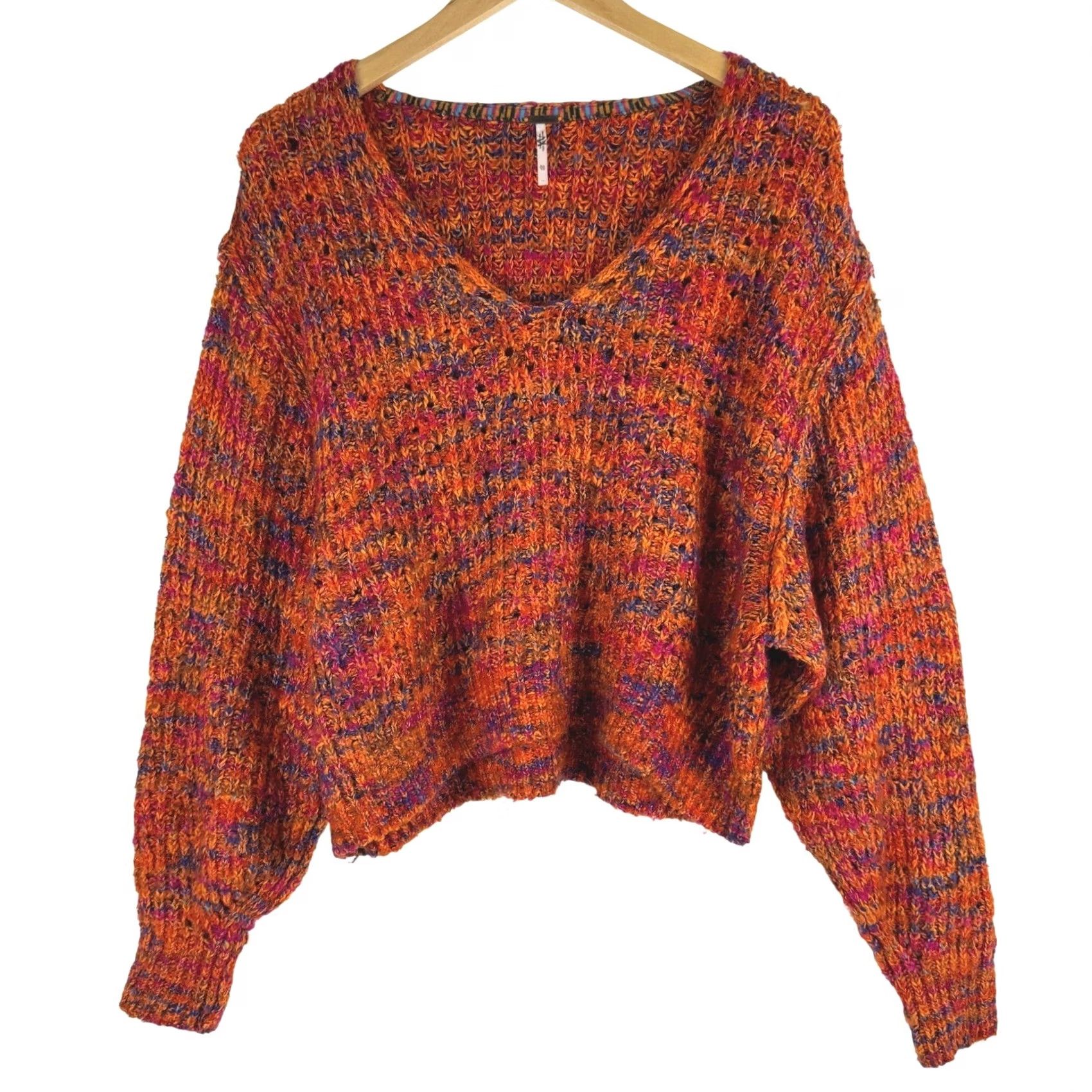 Free People Free People Highland V-Neck Sweater Orange Multi Space Dye Chunky Knit XS Size XS / US 0-2 / IT 36-38 - 2 Thumbnail