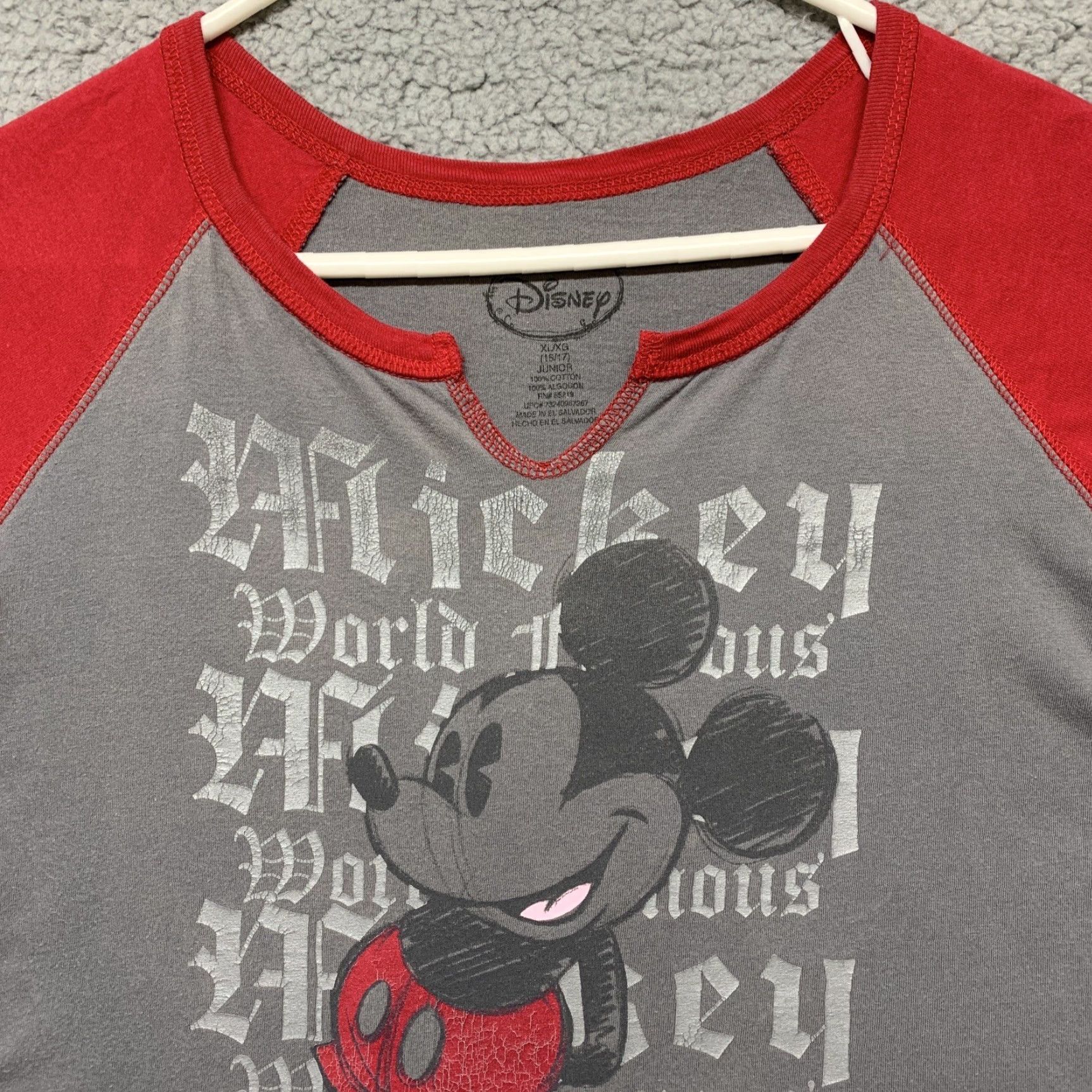 Disney Disney T-Shirt Juniors XL Mickey Mouse Gray Red Yellow Silver Cap Sleeve Short Sleeve Button Pullover Jersey Cotton 100% Regular Size XL / US 12-14 / IT 48-50 - 3 Thumbnail
