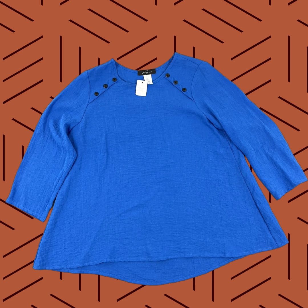 Vintage Yushi Blouse Top Womens M Blue Crewneck 3/4 Sleeve Pullover Button Accents Regular Fit Classic Casual Shirt Size M / US 6-8 / IT 42-44 - 1 Thumbnail