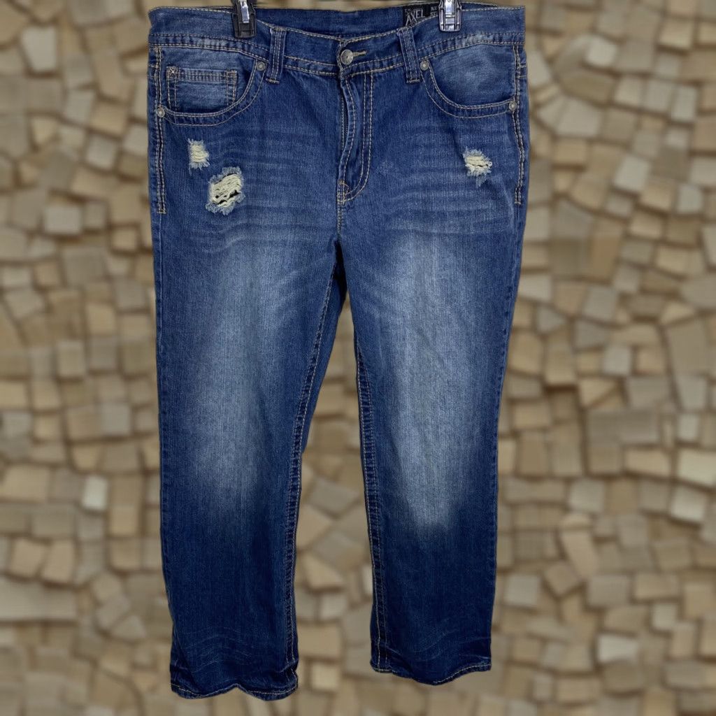 Vintage TK Axel Treadwell Relaxed Straight Leg Jeans Mens 38x32 Blue Distressed Denim Cotton Stretch 5-Pocket Designer Rock USA Cowboy Size US 38 / EU 54 - 1 Thumbnail