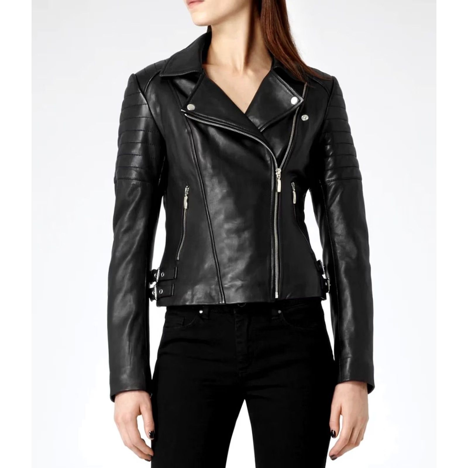 Reiss Reiss Womens Jacket Leather Black XS Biker Motorcycle Soft Lamb Leather Topaz Size XS / US 0-2 / IT 36-38 - 2 Thumbnail