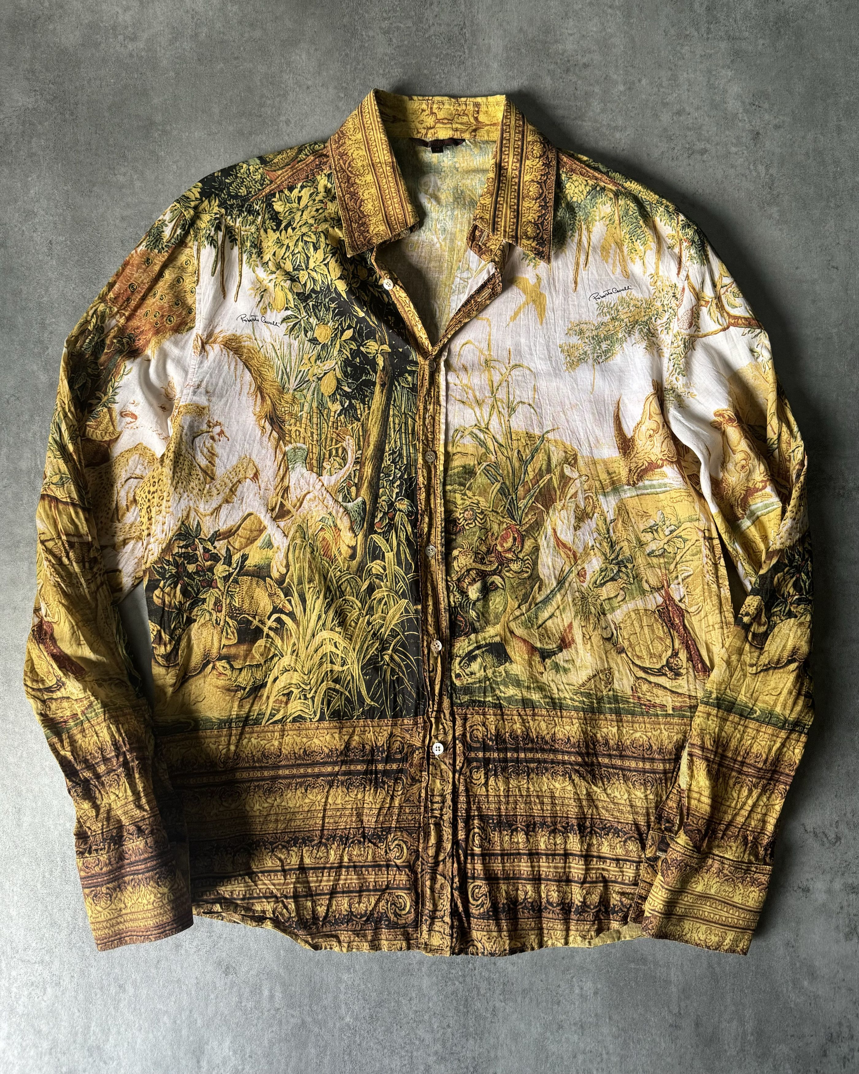 image of Archival Clothing x Roberto Cavalli Aw1996 Roberto Cavalli Safari Renaissance Shirt in Yellow (Size