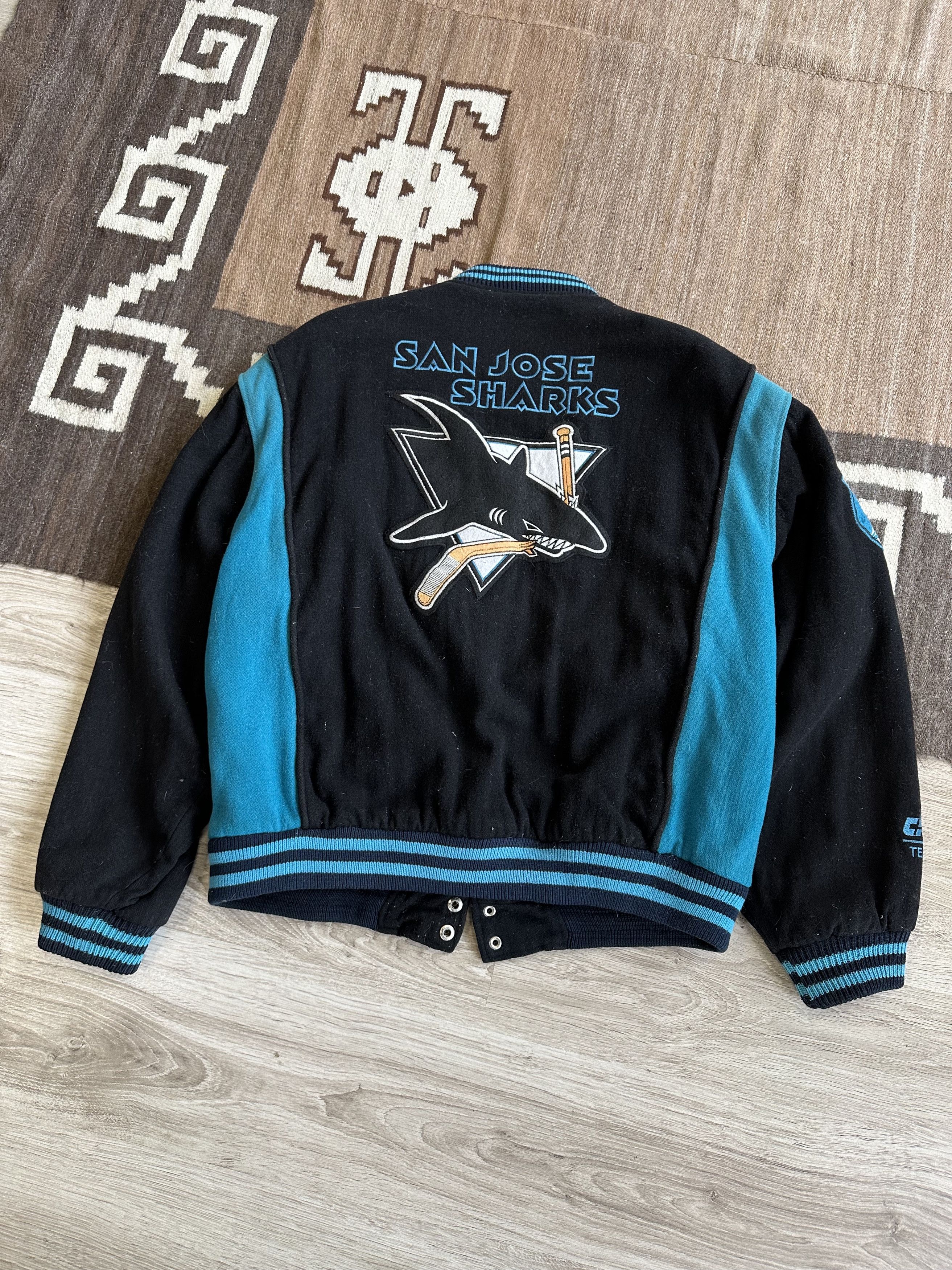 image of Bomber Jacket x Vintage Nhl San Jose Sharks Vintage Wool Bomber Varsity Jacket 6473A in Black/Blue 