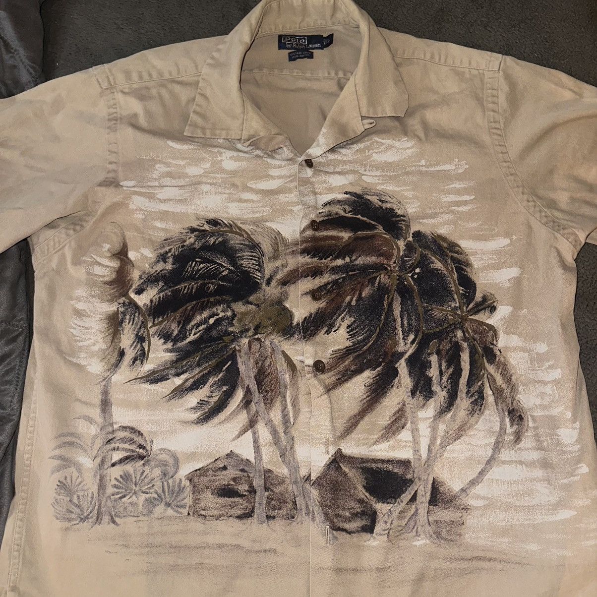 VTG Polo Ralph Lauren Camp Men's 100% Cotton Palm Trees Short Sleeves Shirt fashion XL.