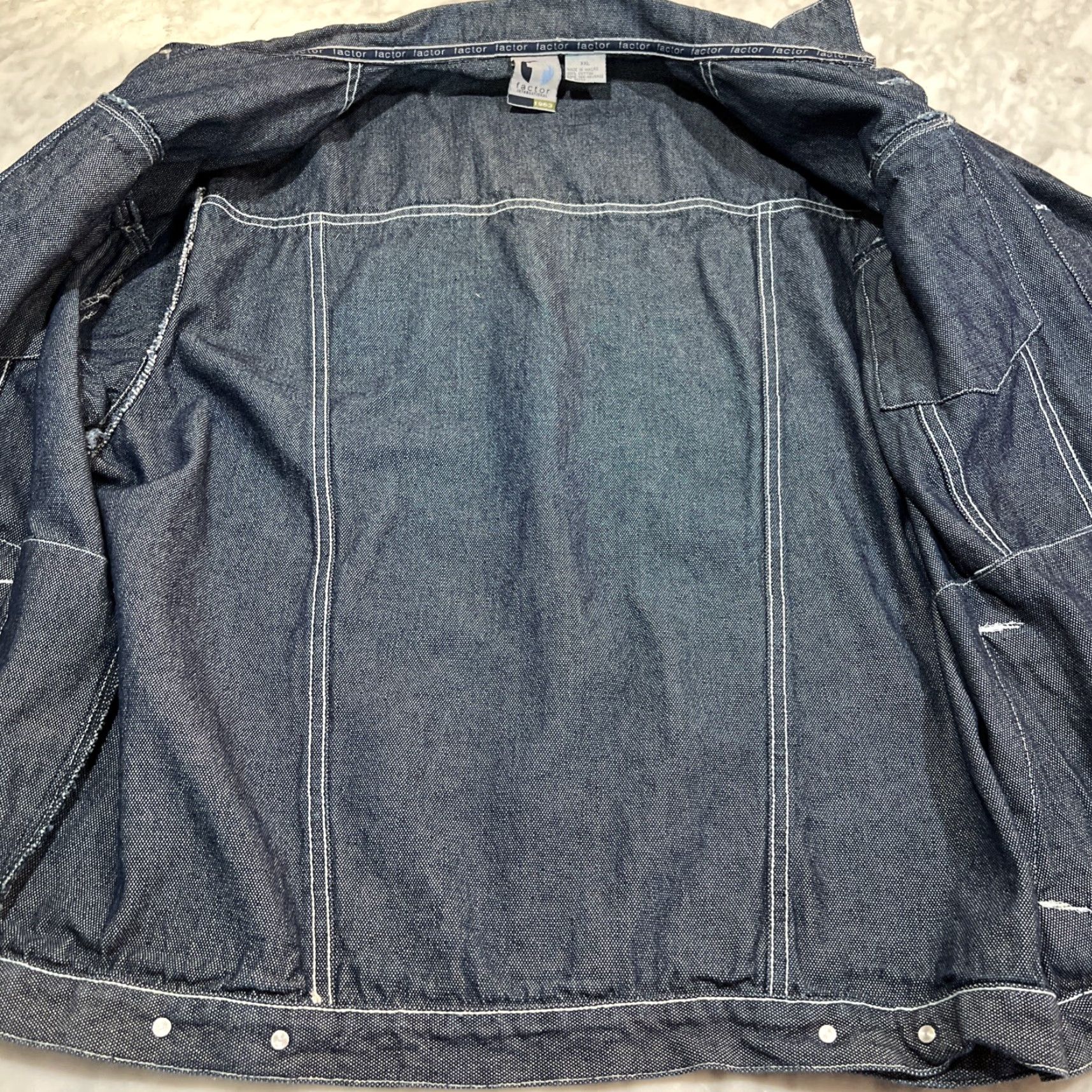 Vintage Factor International Denim Jean Jacket Men’s 2XL Button Up Cotton Mid Length Blue Denim 90s Classic Motorcycle Pockets Mens Regular Jacket Size US 39 - 4 Thumbnail