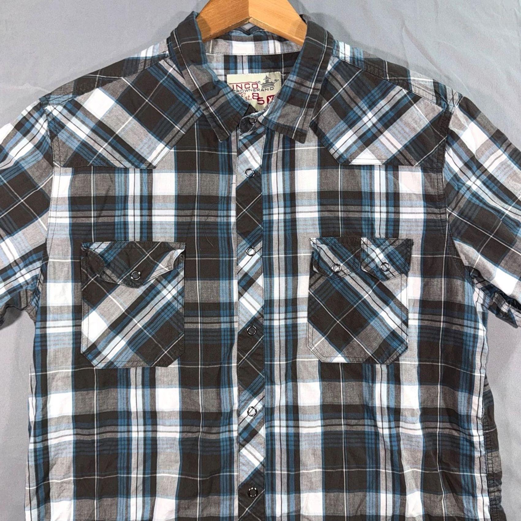 JNCO JNCO Crown Brand Shirt Boys XL Blue Gray Plaid Button Up Slim Fit Short Sleeve Size US XL / EU 56 / 4 - 4 Thumbnail